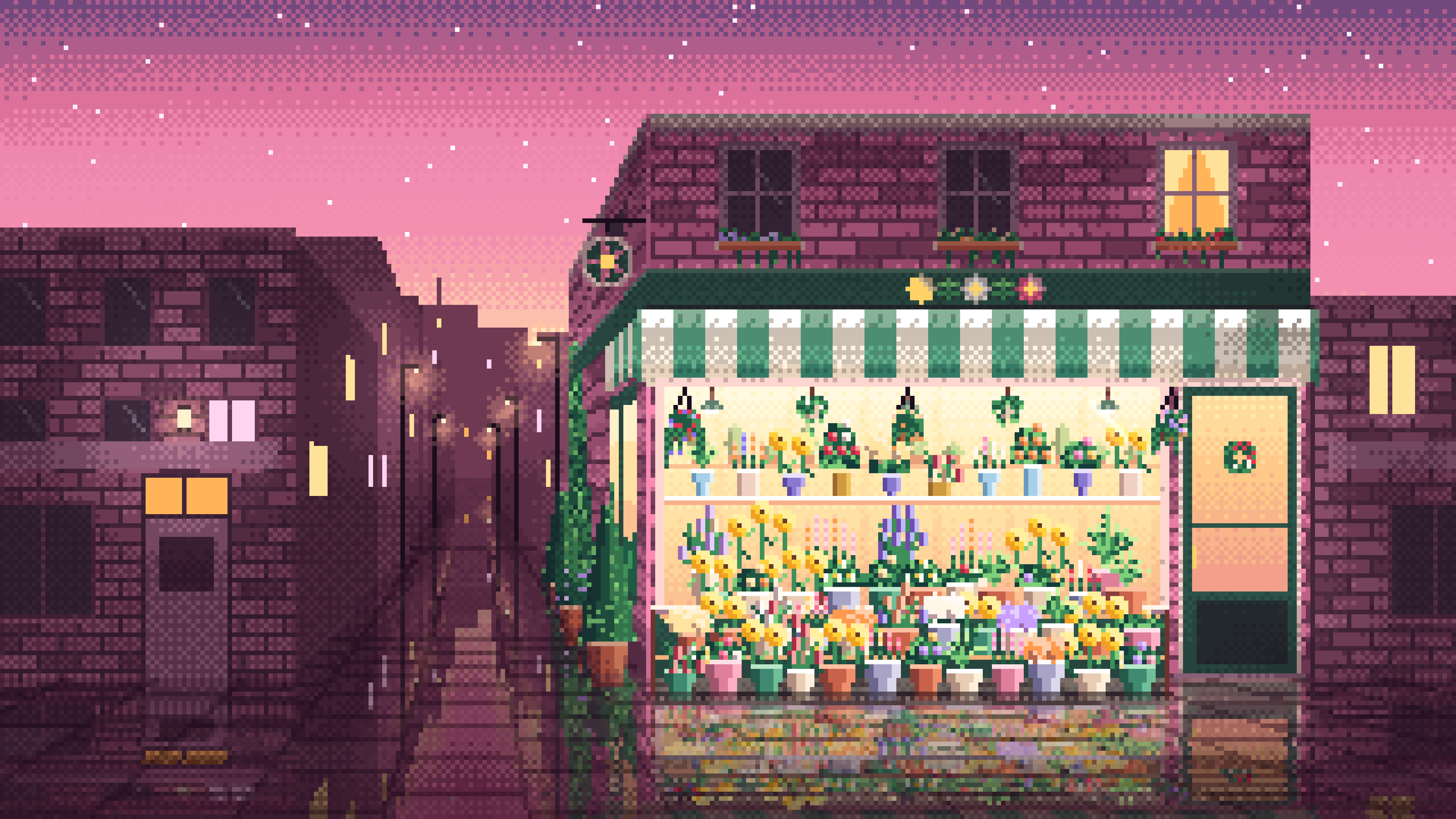 Pink Pixel Art Flower Shop desktop wallpaper in 4K