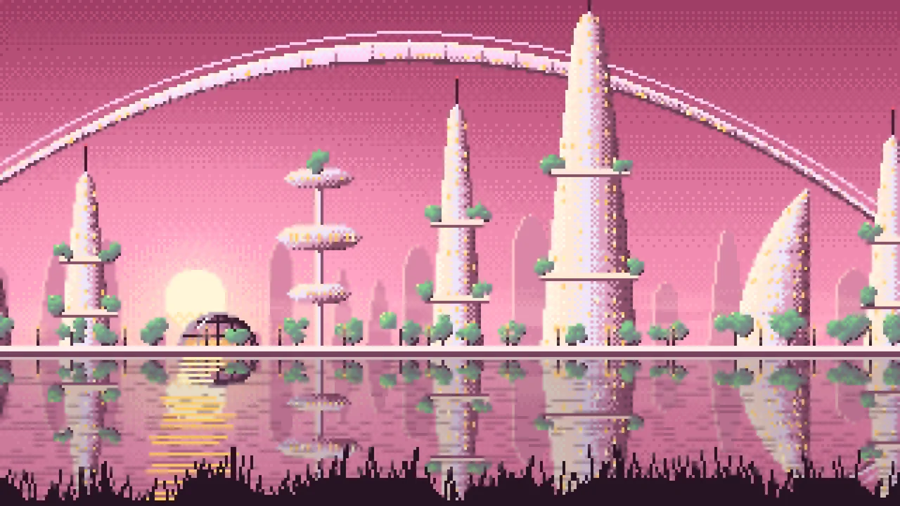 Pink Pixel Art Futuristic Skyline Under an Orbital Ring desktop wallpaper in 4K