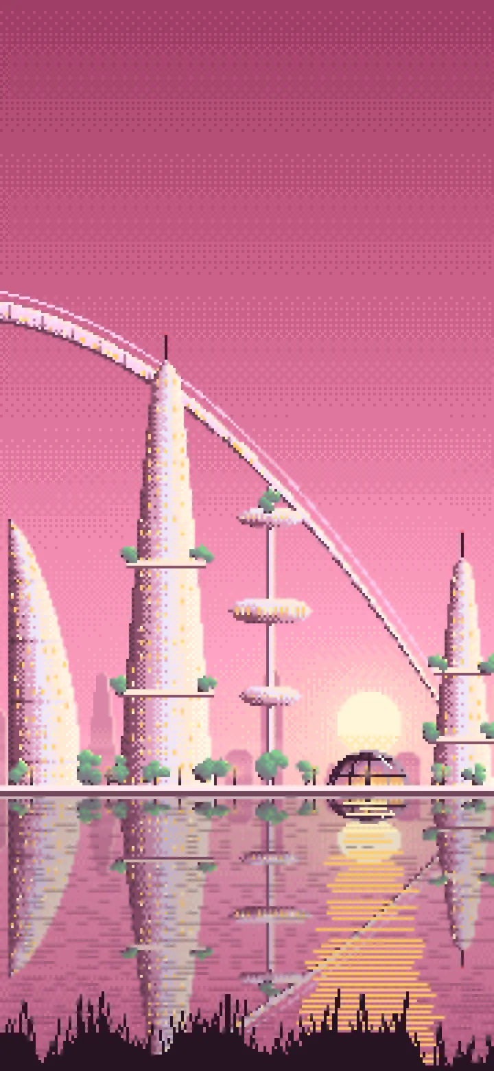 Pink Pixel Art Futuristic Skyline Under an Orbital Ring wallpaper for iPhone and Android