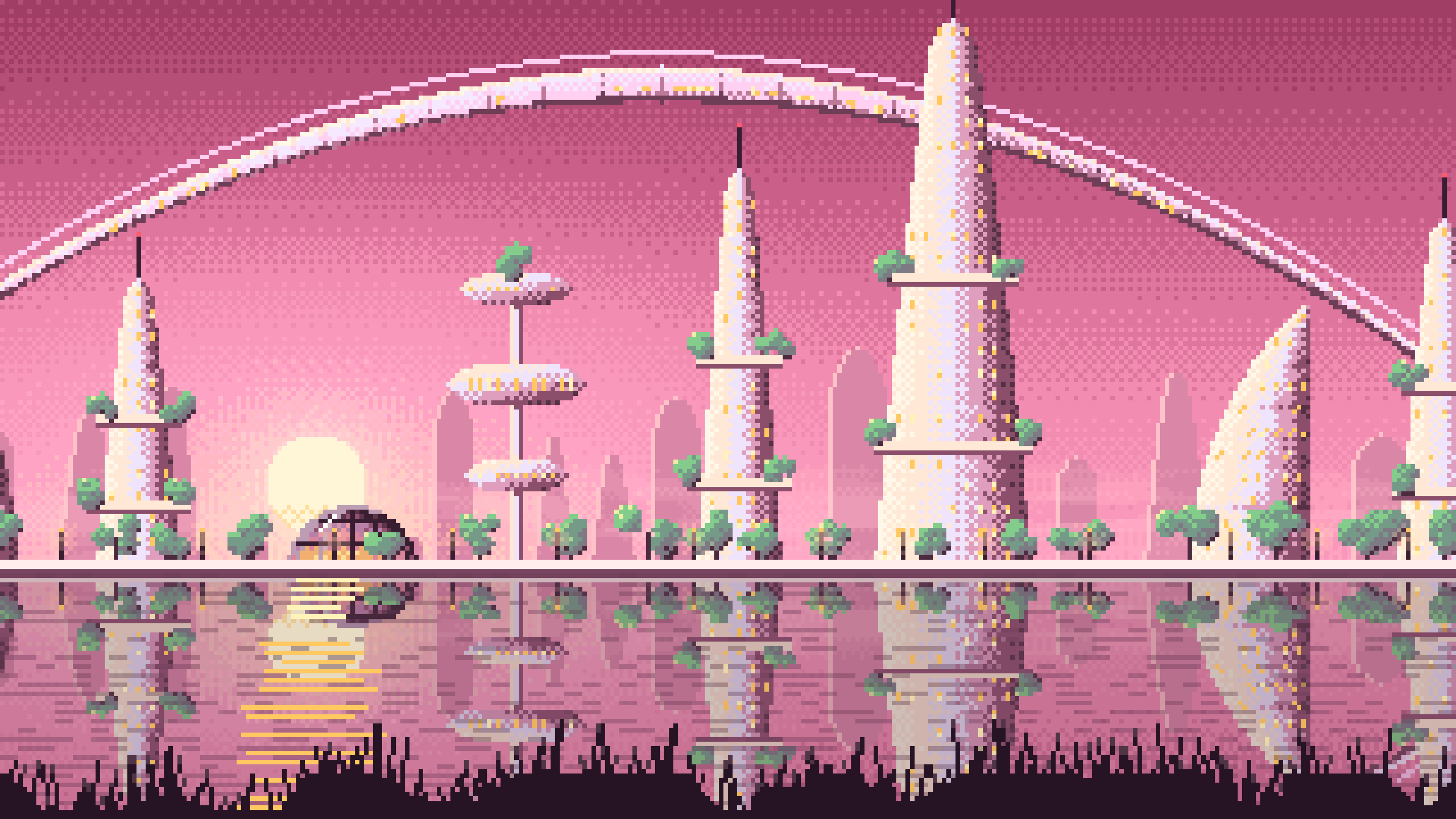 Pink Pixel Art Futuristic Skyline Under an Orbital Ring desktop wallpaper in 4K