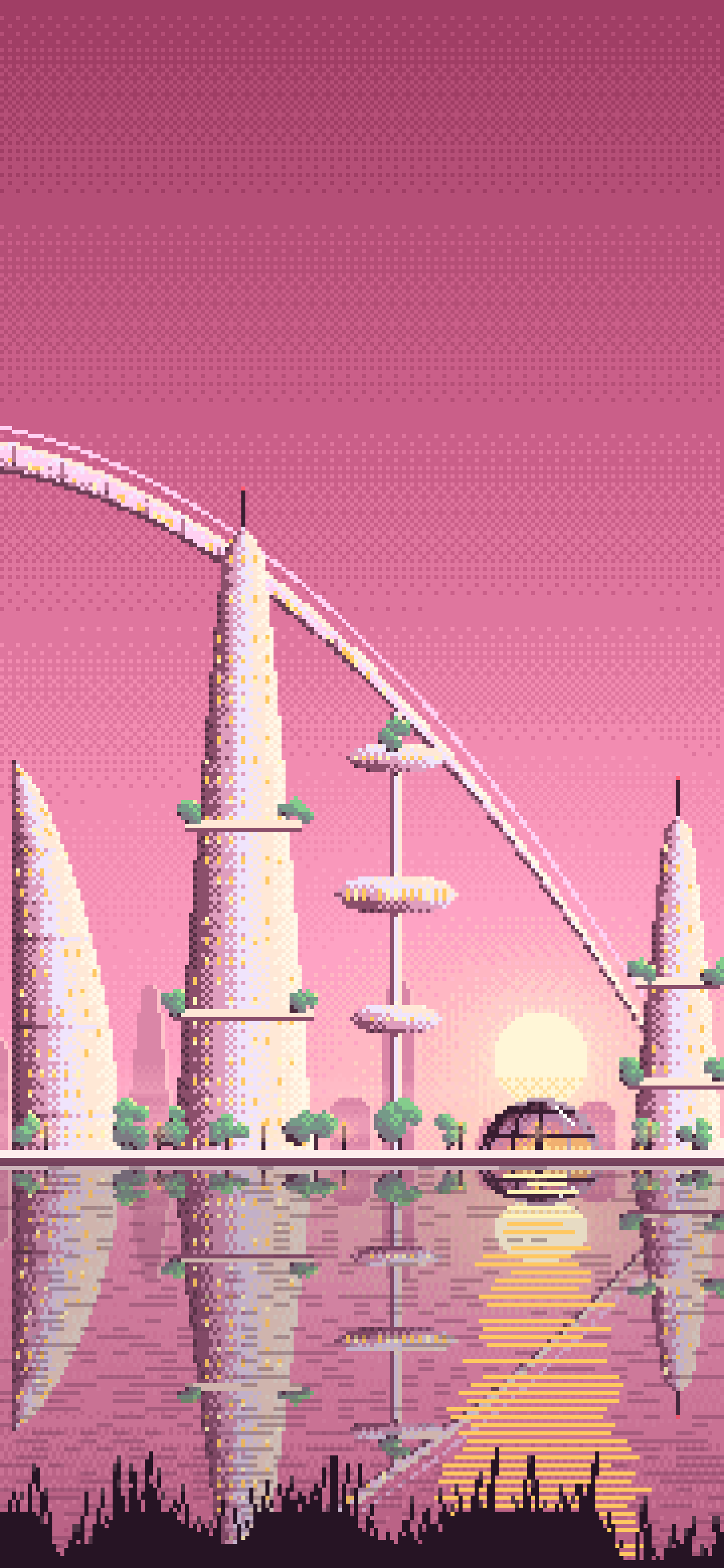 Pink Pixel Art Futuristic Skyline Under an Orbital Ring wallpaper for iPhone and Android