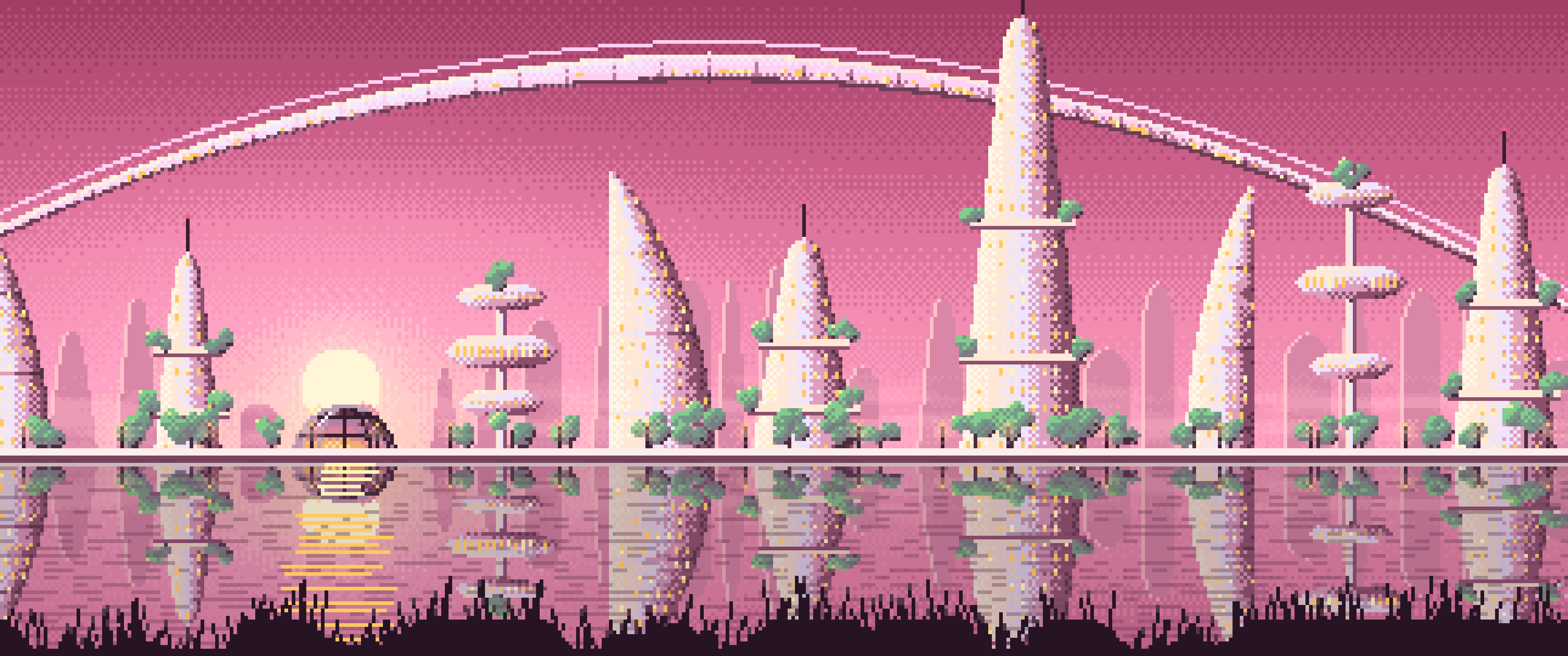 Pink Pixel Art Futuristic Skyline Under an Orbital Ring ultrawide wallpaper, 3440 × 1440