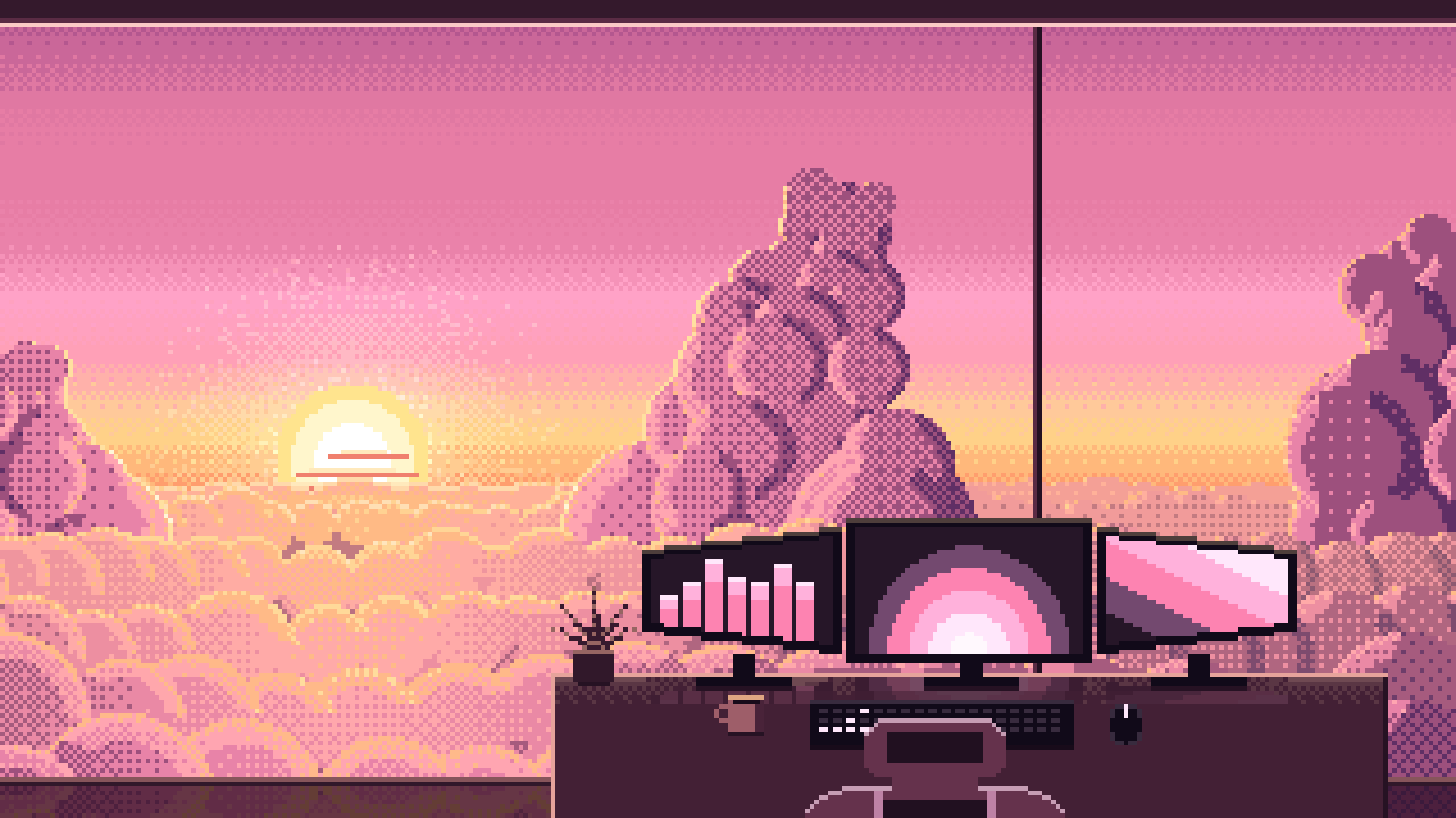 Pink Pixel Art Gaming Setup Above the Clouds at Sunset desktop wallpaper in 4K