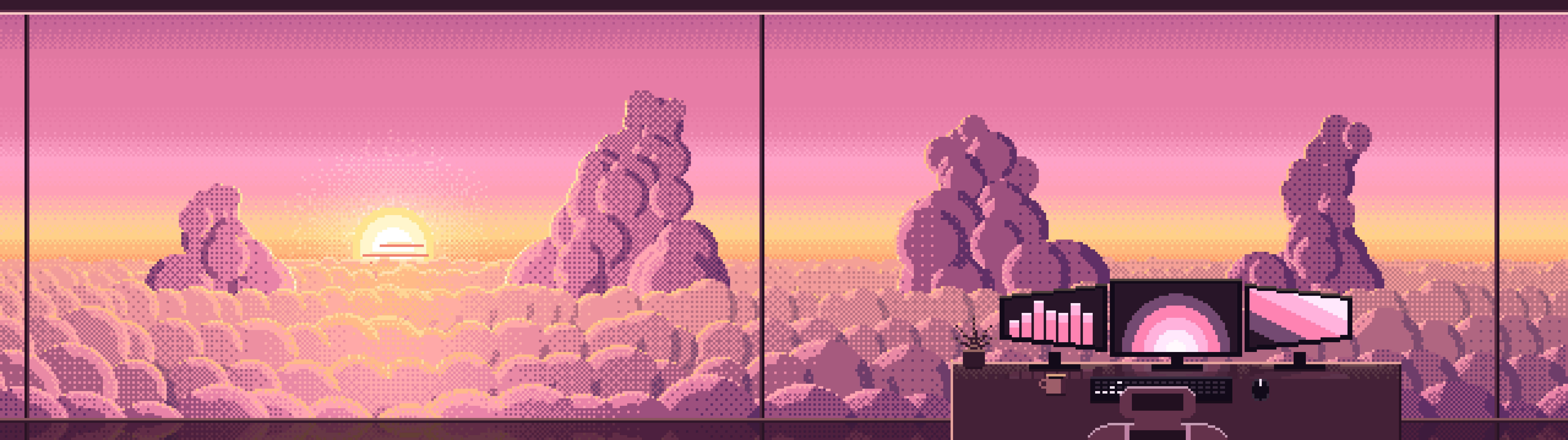 Pink Pixel Art Gaming Setup Above the Clouds at Sunset dual monitor wallpaper, 7680 × 2160