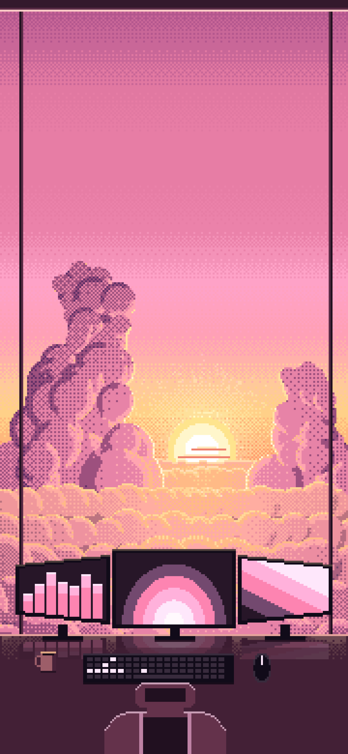 Pink Pixel Art Gaming Setup Above the Clouds at Sunset wallpaper for iPhone and Android