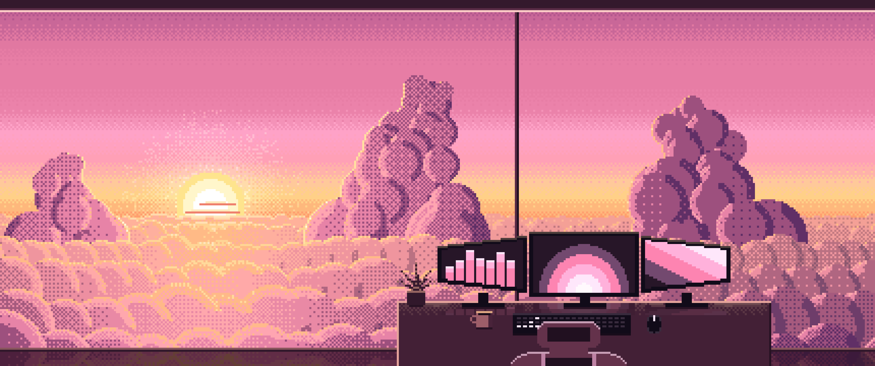Pink Pixel Art Gaming Setup Above the Clouds at Sunset ultrawide wallpaper, 3440 × 1440