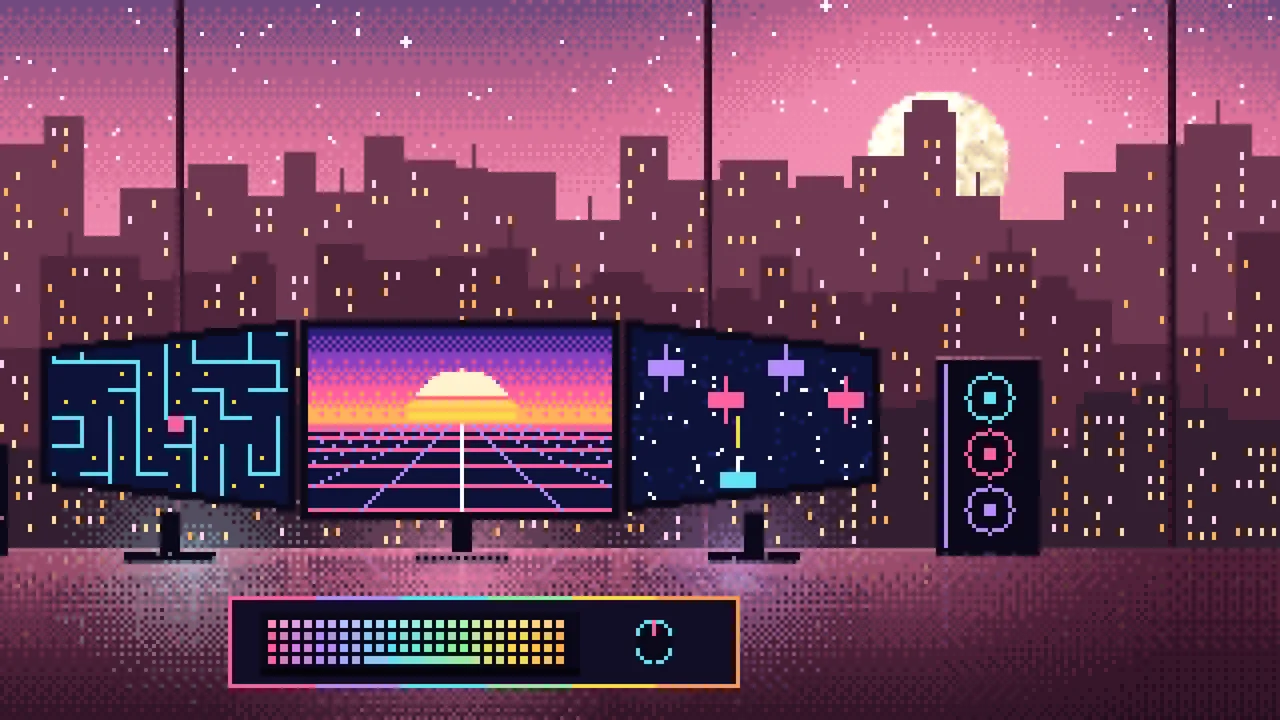 Pink Pixel Art Gaming Setup With a City View desktop wallpaper in 4K