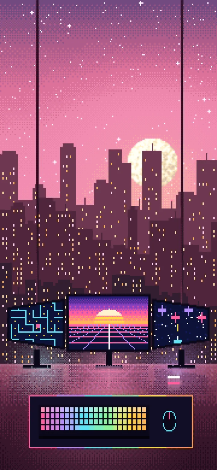 Pink Pixel Art Gaming Setup With a City View wallpaper for iPhone and Android