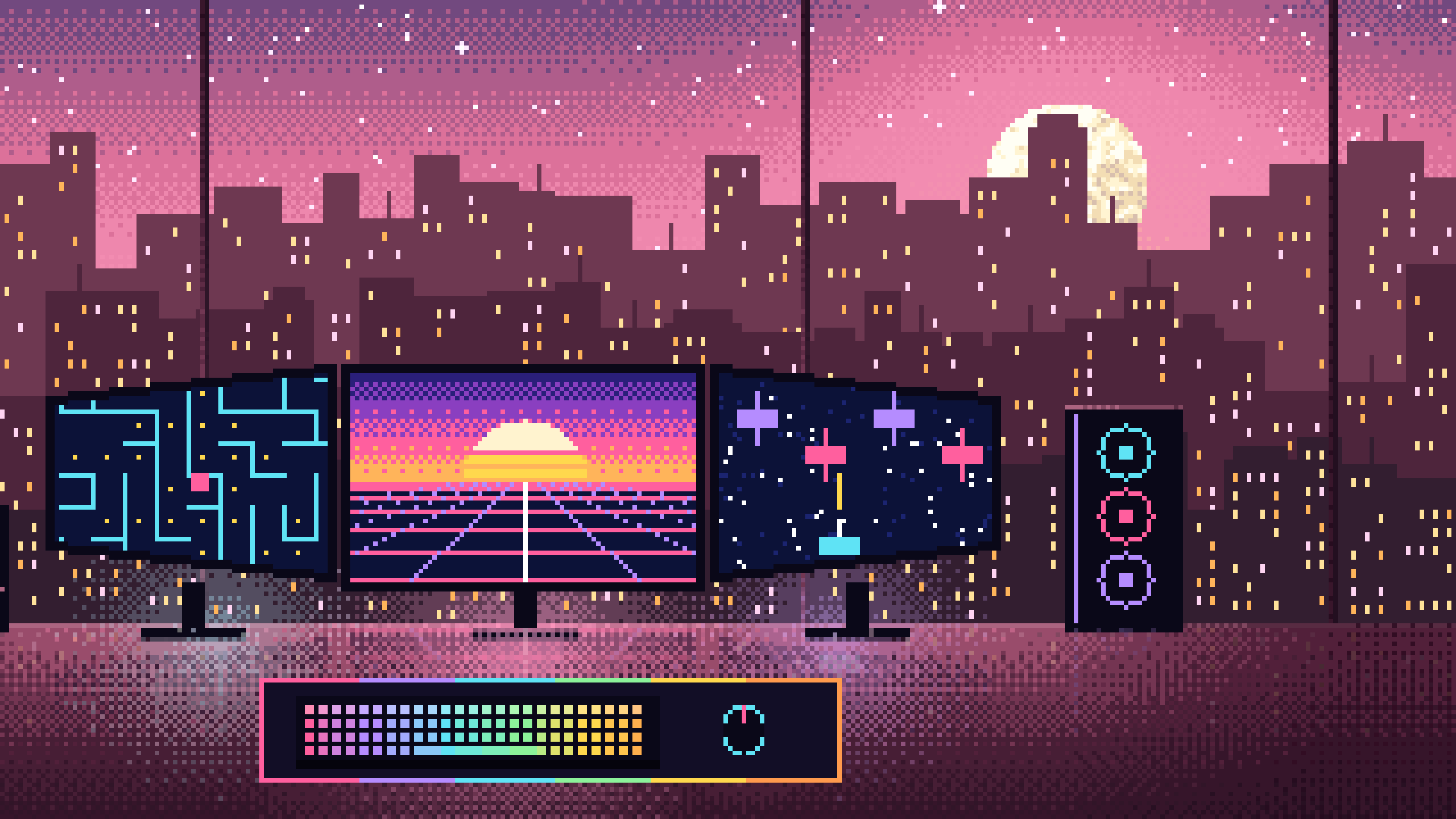 Pink Pixel Art Gaming Setup With a City View desktop wallpaper in 4K