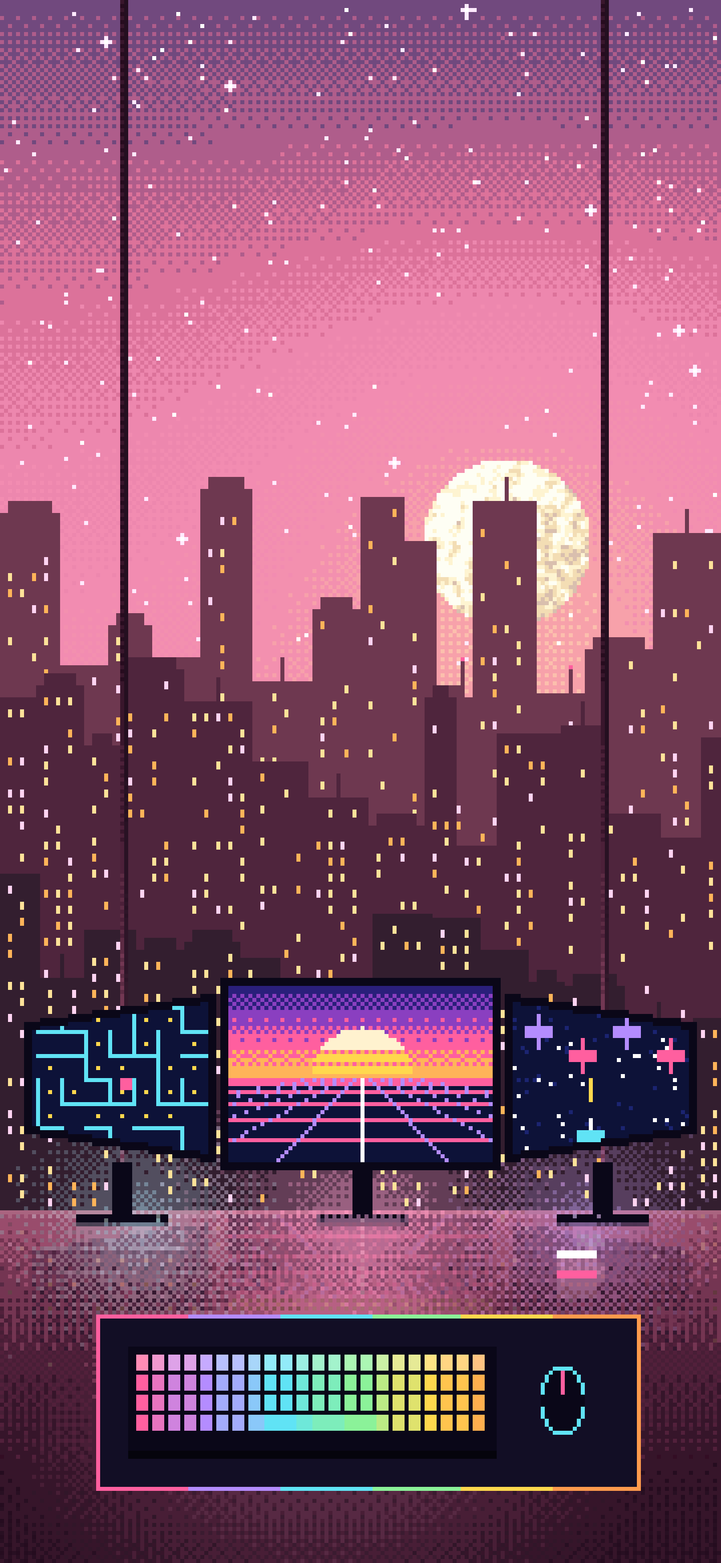 Pink Pixel Art Gaming Setup With a City View wallpaper for iPhone and Android