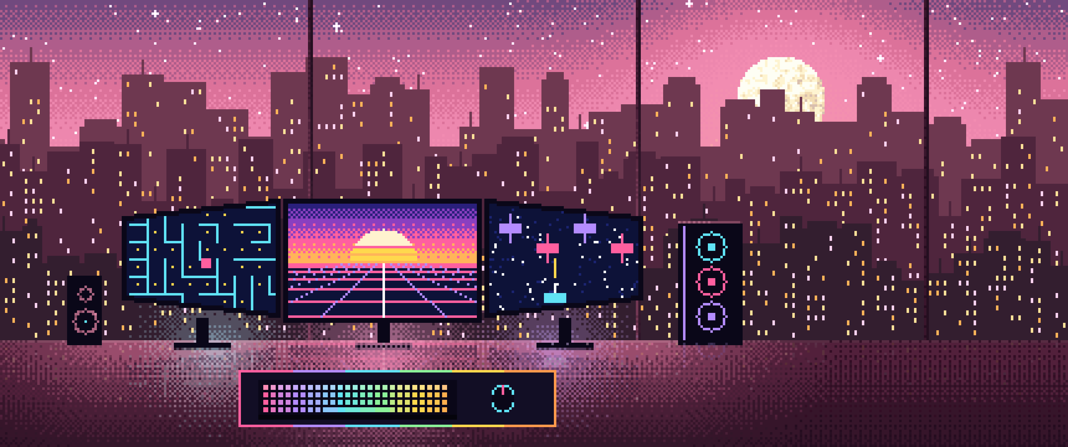 Pink Pixel Art Gaming Setup With a City View ultrawide wallpaper, 3440 × 1440