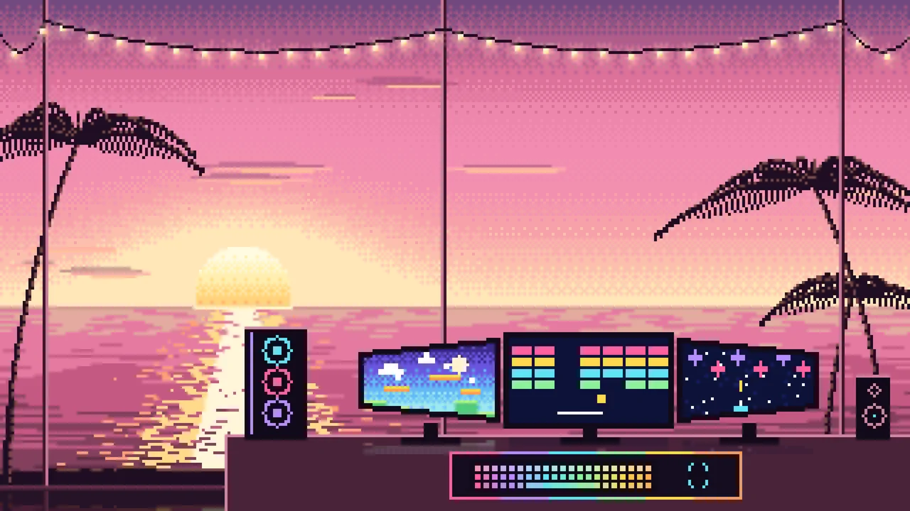 Pink Pixel Art Gaming Setup With an Ocean Sunset desktop wallpaper in 4K