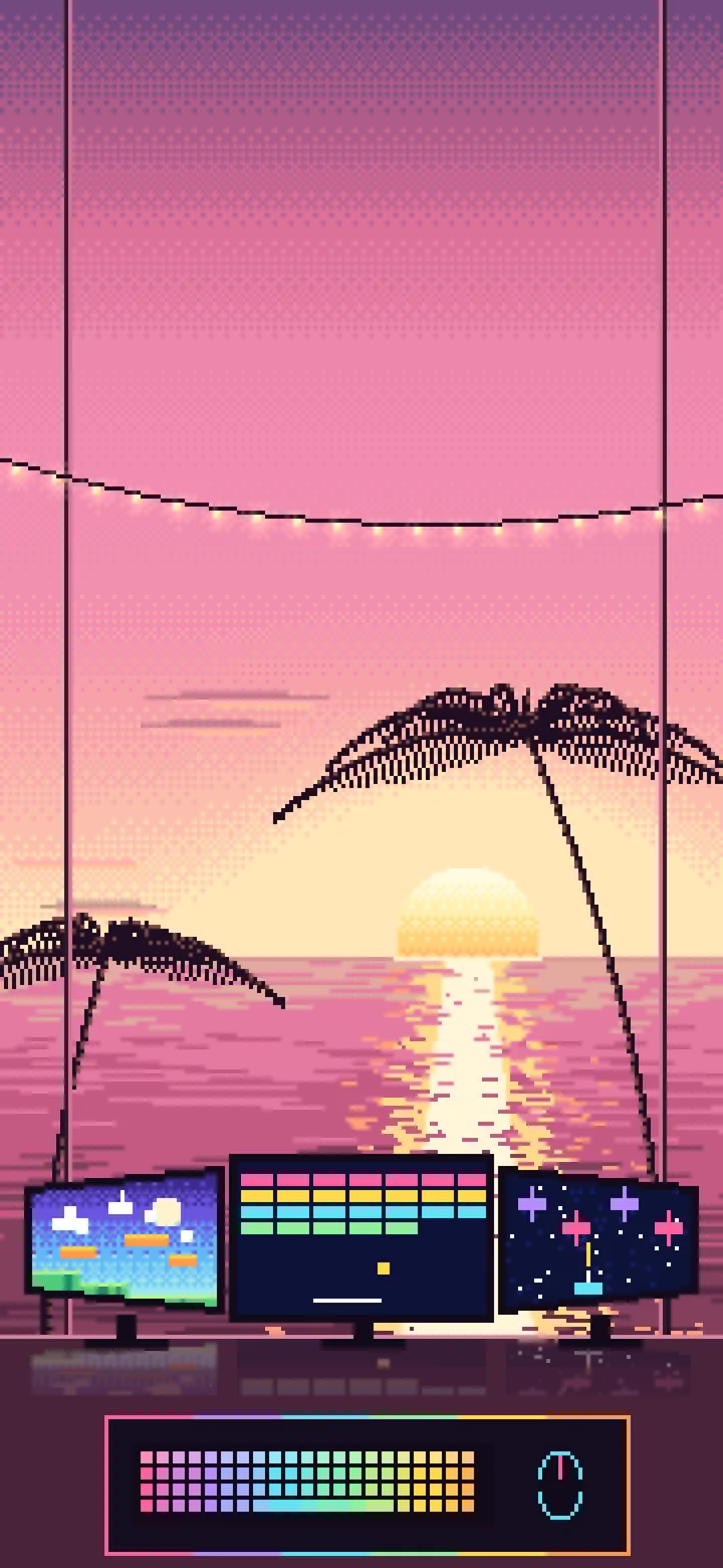 Pink Pixel Art Gaming Setup With an Ocean Sunset wallpaper for iPhone and Android