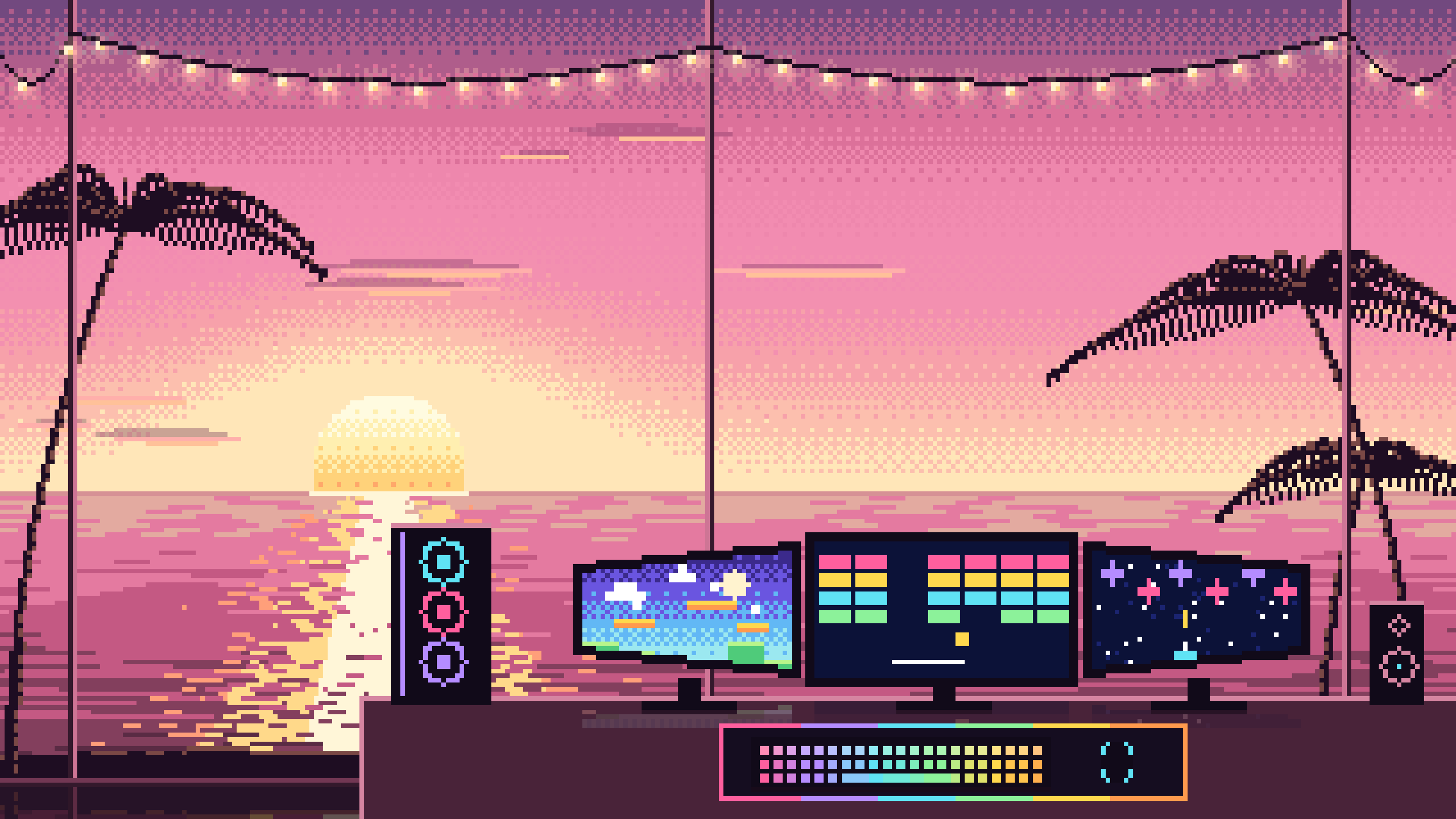 Pink Pixel Art Gaming Setup With an Ocean Sunset desktop wallpaper in 4K
