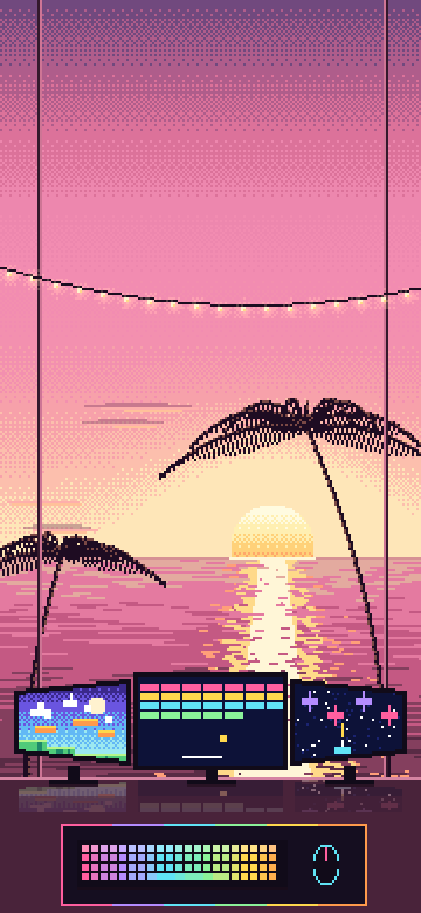 Pink Pixel Art Gaming Setup With an Ocean Sunset wallpaper for iPhone and Android