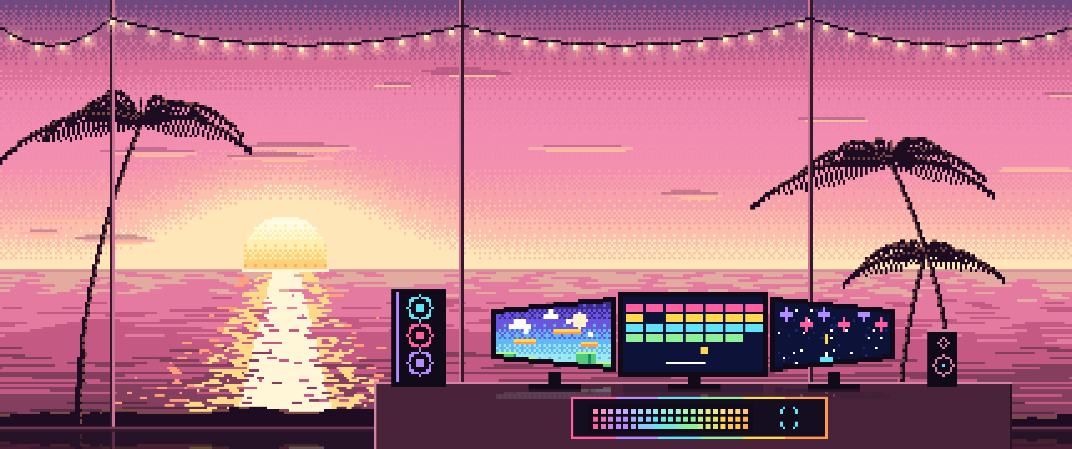 Pink Pixel Art Gaming Setup With an Ocean Sunset ultrawide wallpaper, 3440 × 1440