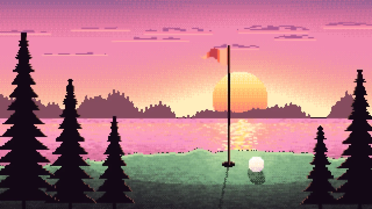 Pink Pixel Art Golf Course at Sunset desktop wallpaper in 4K