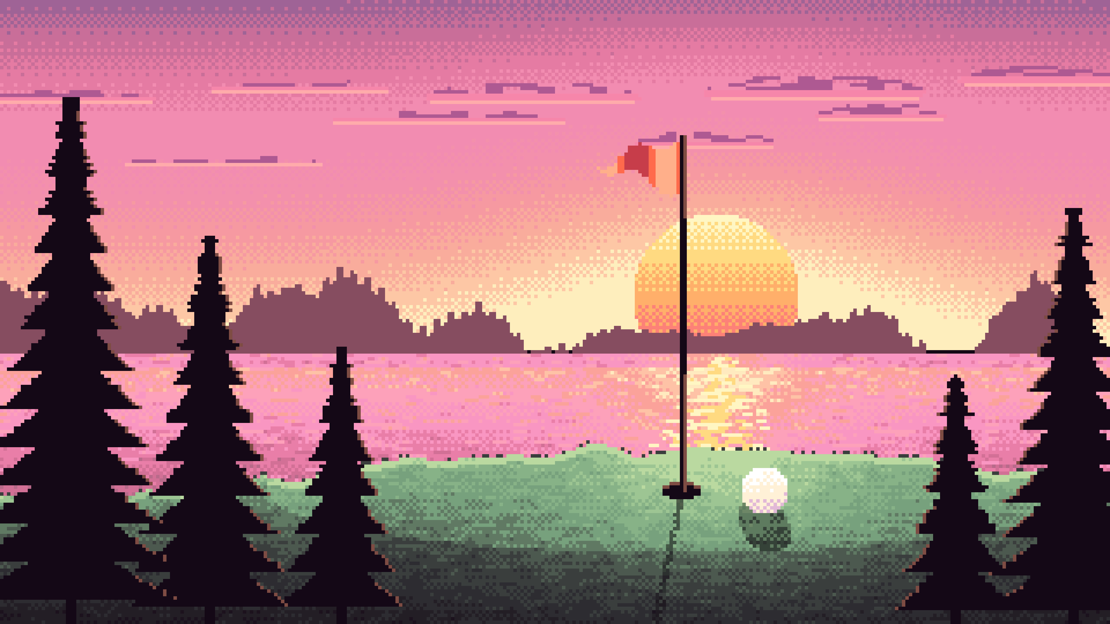 Pink Pixel Art Golf Course at Sunset desktop wallpaper in 4K