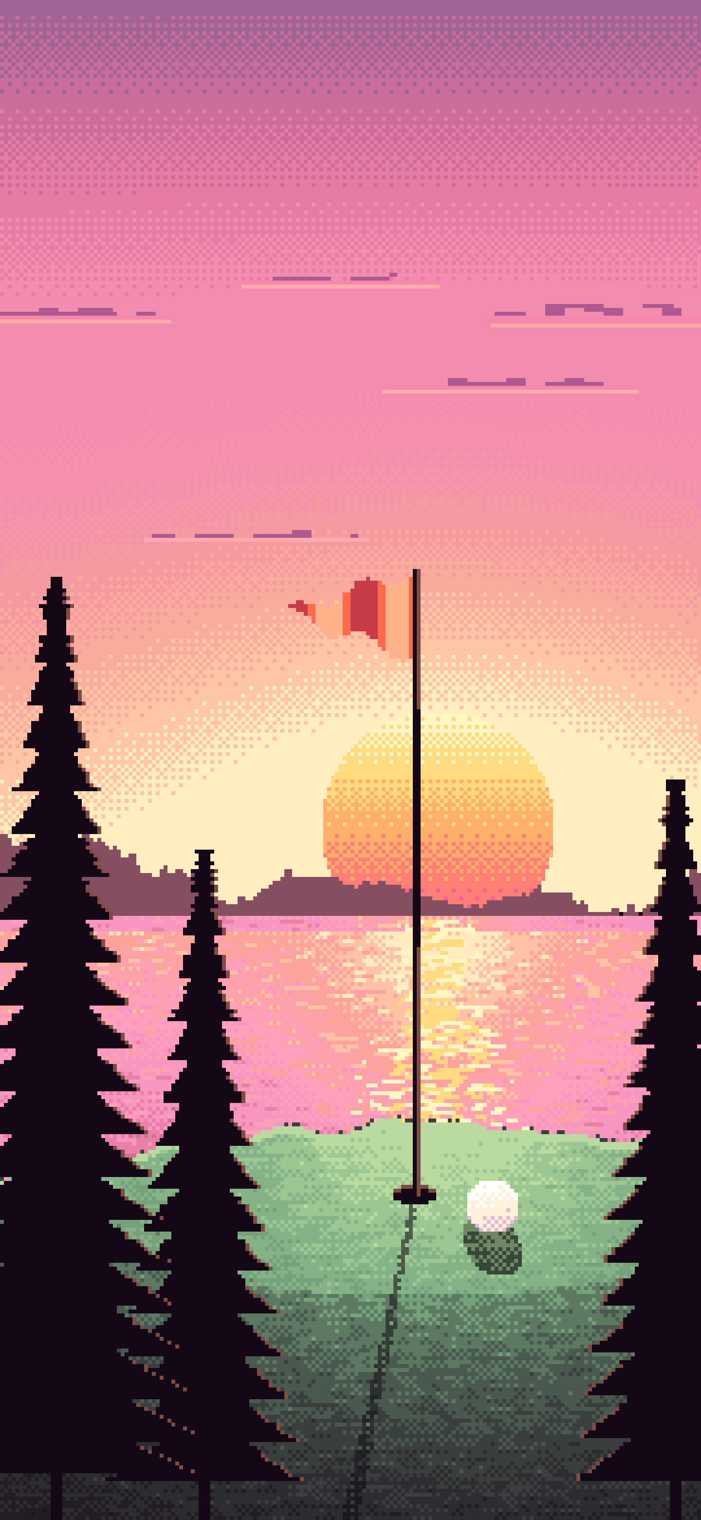 Pink Pixel Art Golf Course at Sunset wallpaper for iPhone and Android