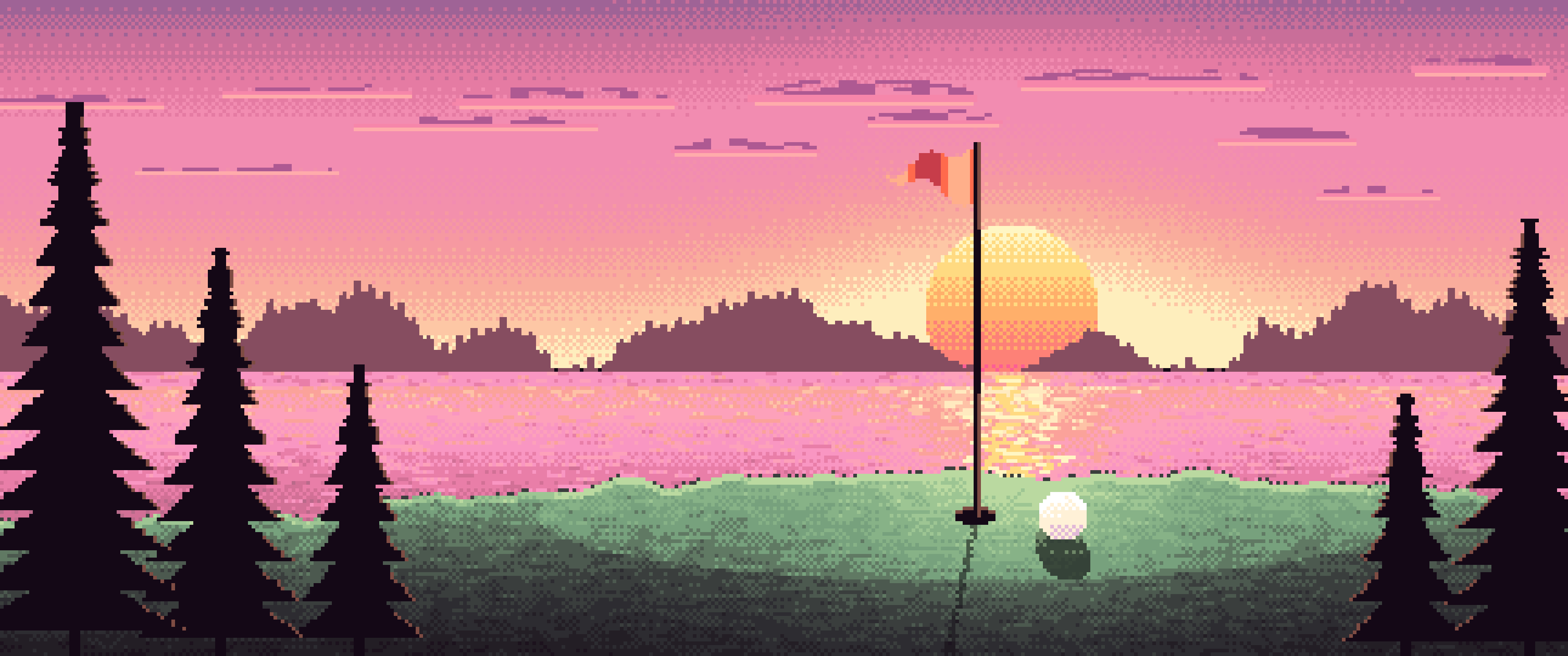 Pink Pixel Art Golf Course at Sunset ultrawide wallpaper, 3440 × 1440