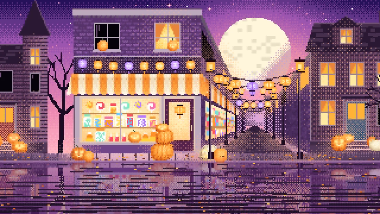 Pink Pixel Art Halloween Candy Shop at Night desktop wallpaper in 4K