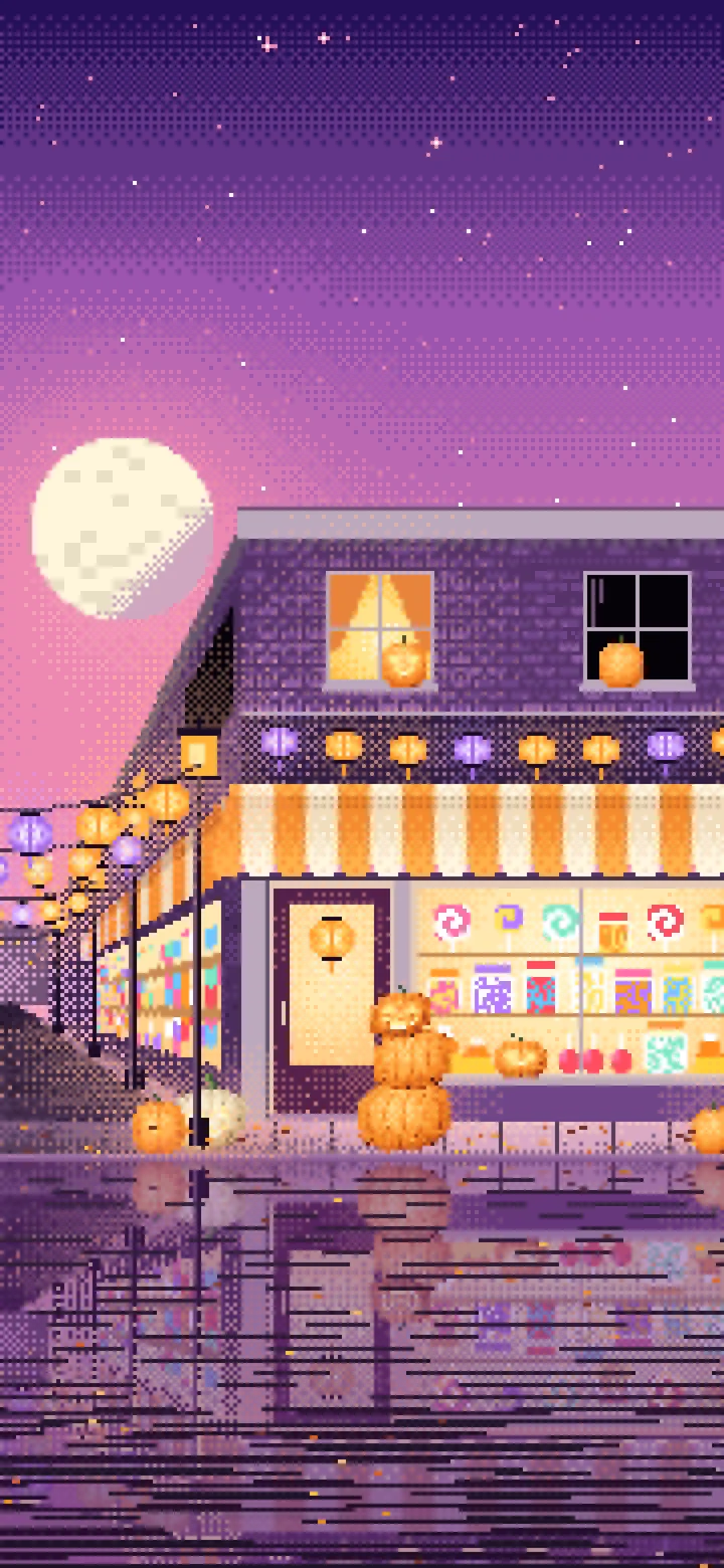 Pink Pixel Art Halloween Candy Shop at Night wallpaper for iPhone and Android