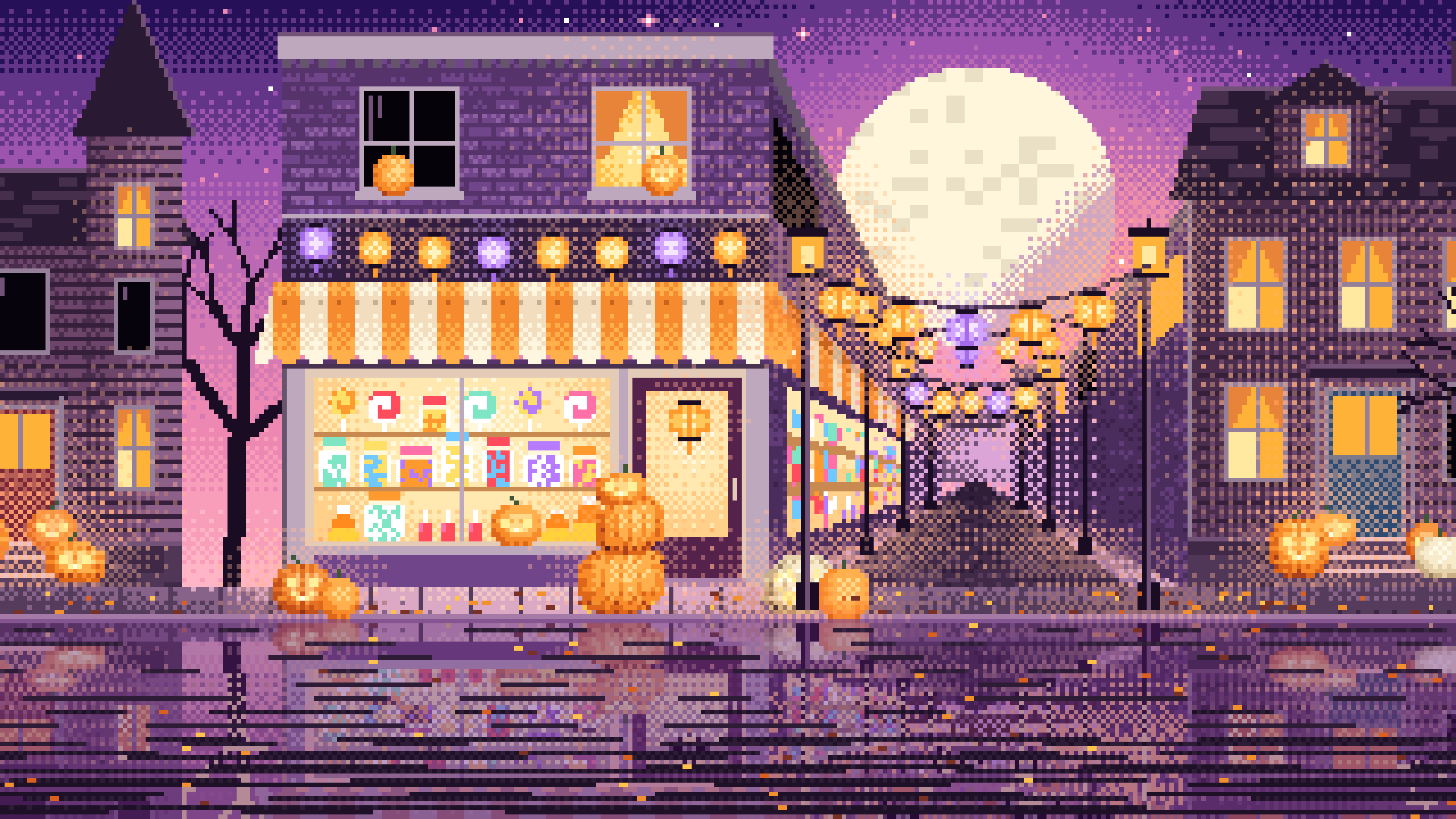 Pink Pixel Art Halloween Candy Shop at Night desktop wallpaper in 4K