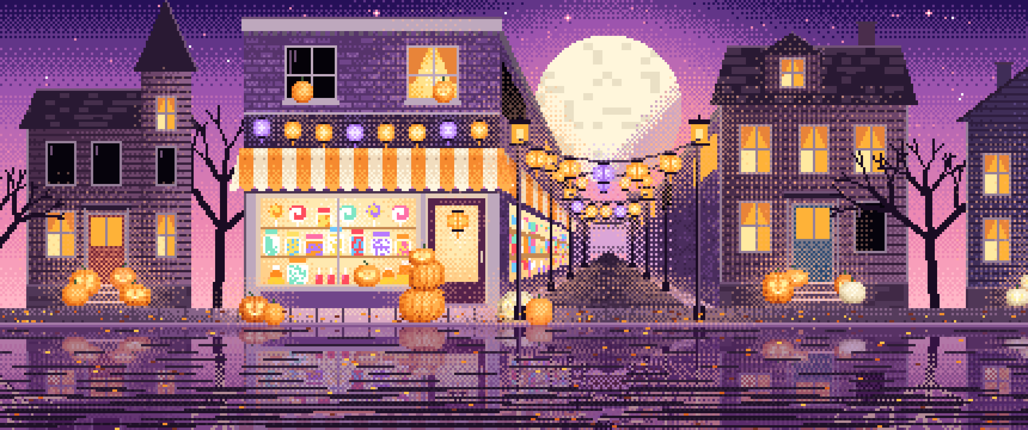Pink Pixel Art Halloween Candy Shop at Night ultrawide wallpaper, 3440 × 1440