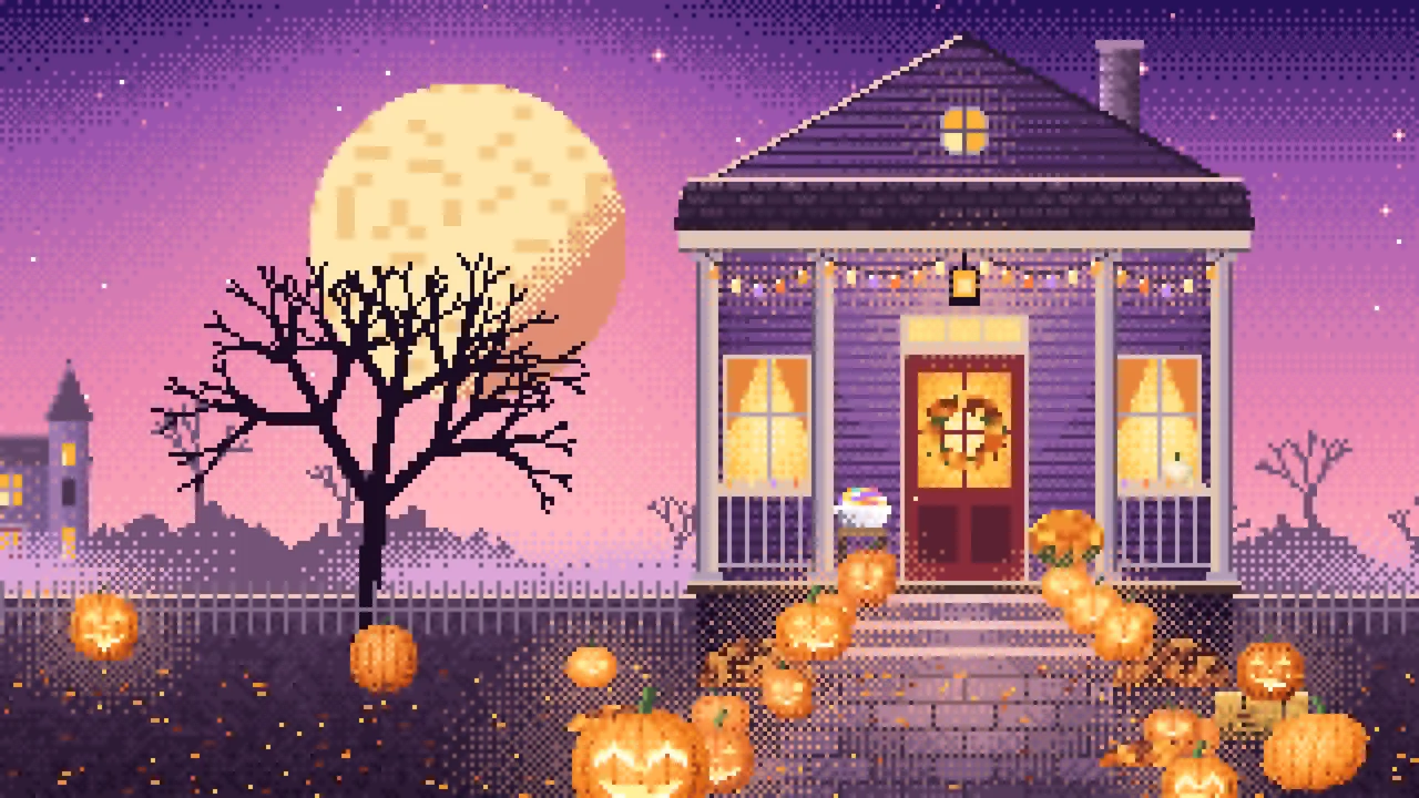 Pink Pixel Art Halloween Front Porch at Night desktop wallpaper in 4K