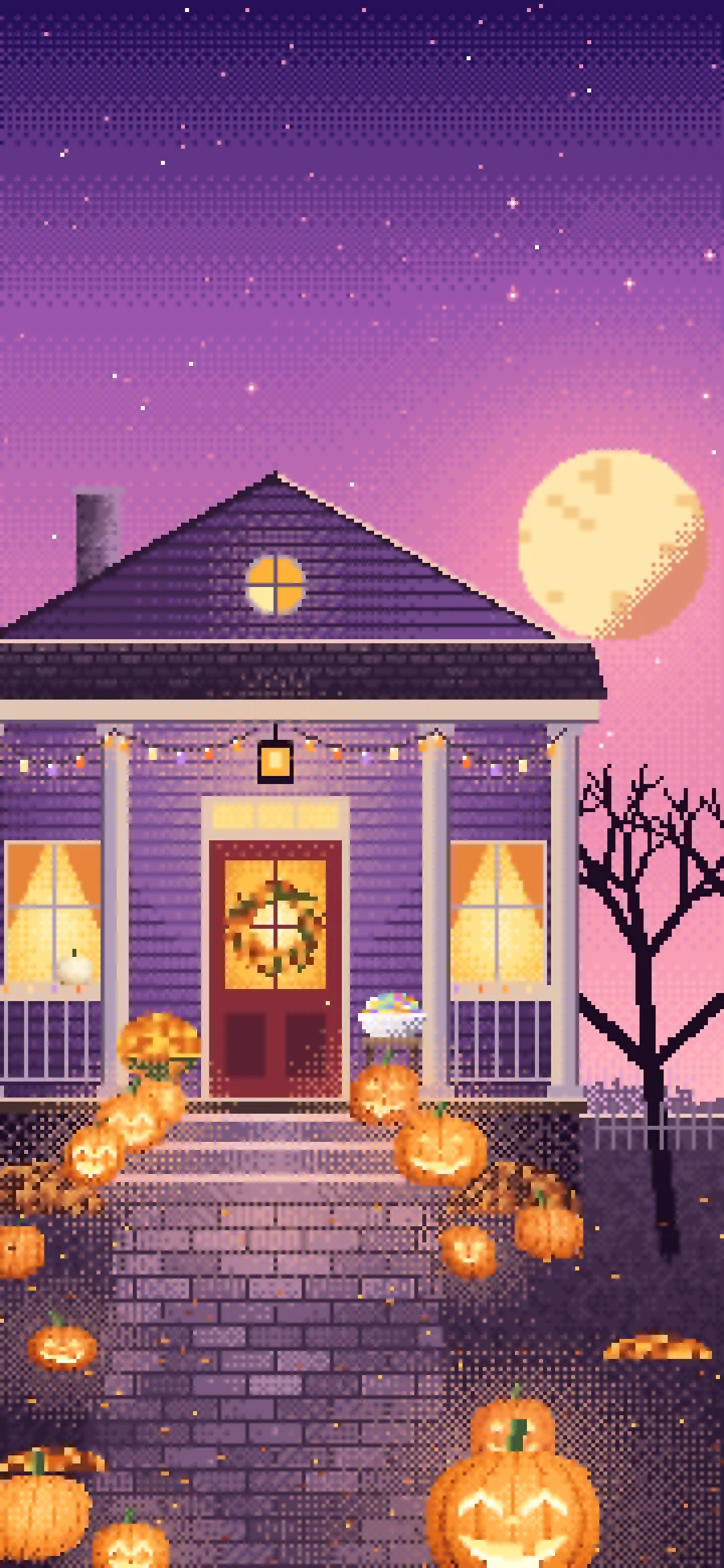 Pink Pixel Art Halloween Front Porch at Night wallpaper for iPhone and Android
