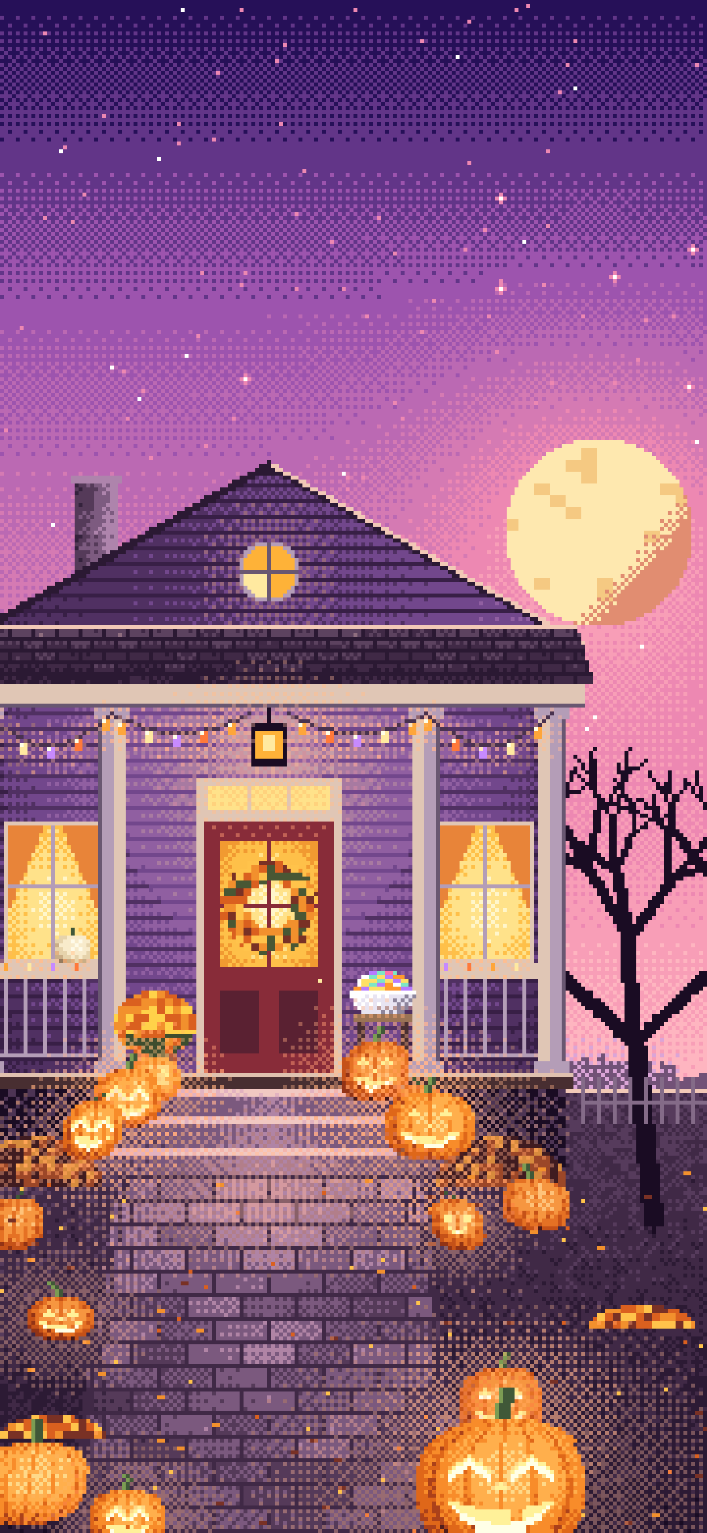 Pink Pixel Art Halloween Front Porch at Night wallpaper for iPhone and Android