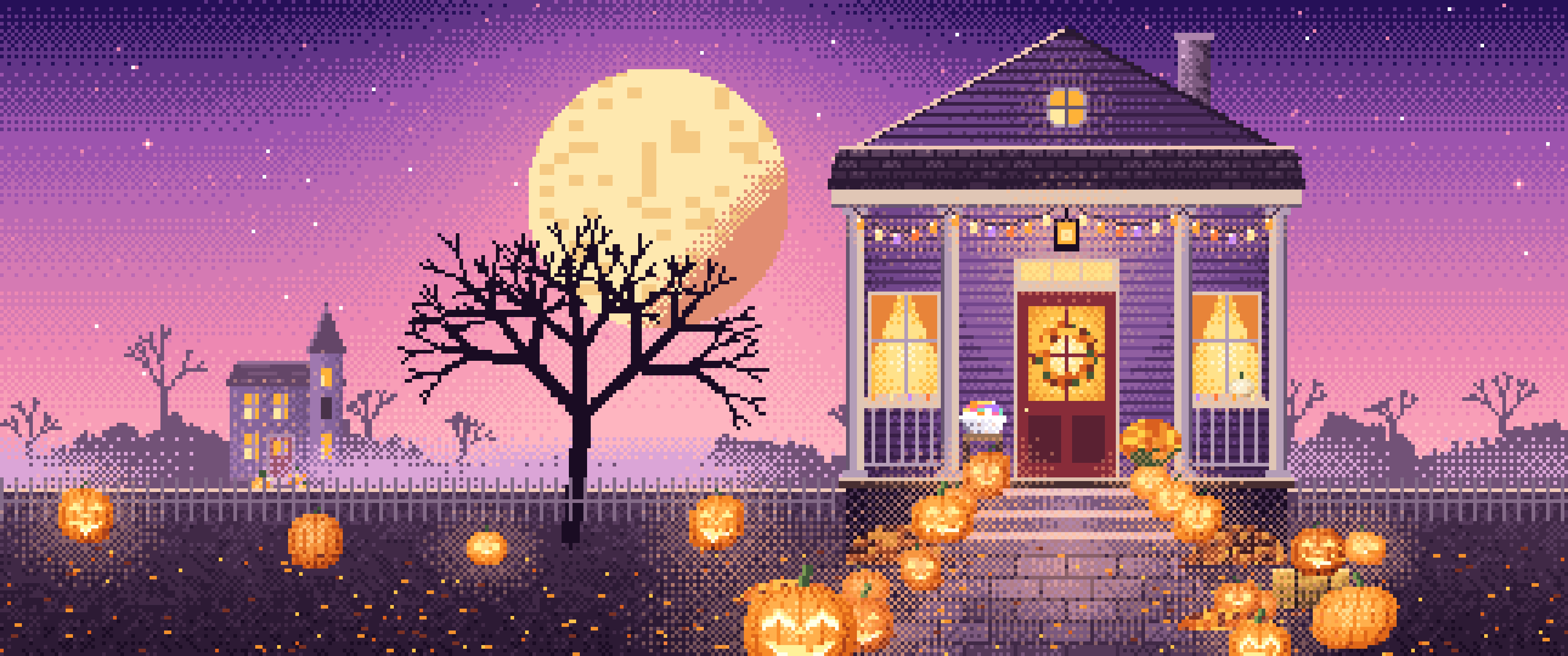 Pink Pixel Art Halloween Front Porch at Night ultrawide wallpaper, 3440 × 1440