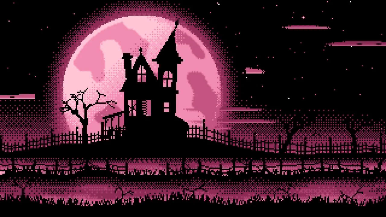 Pink Pixel Art Haunted House and Full Moon desktop wallpaper in 4K