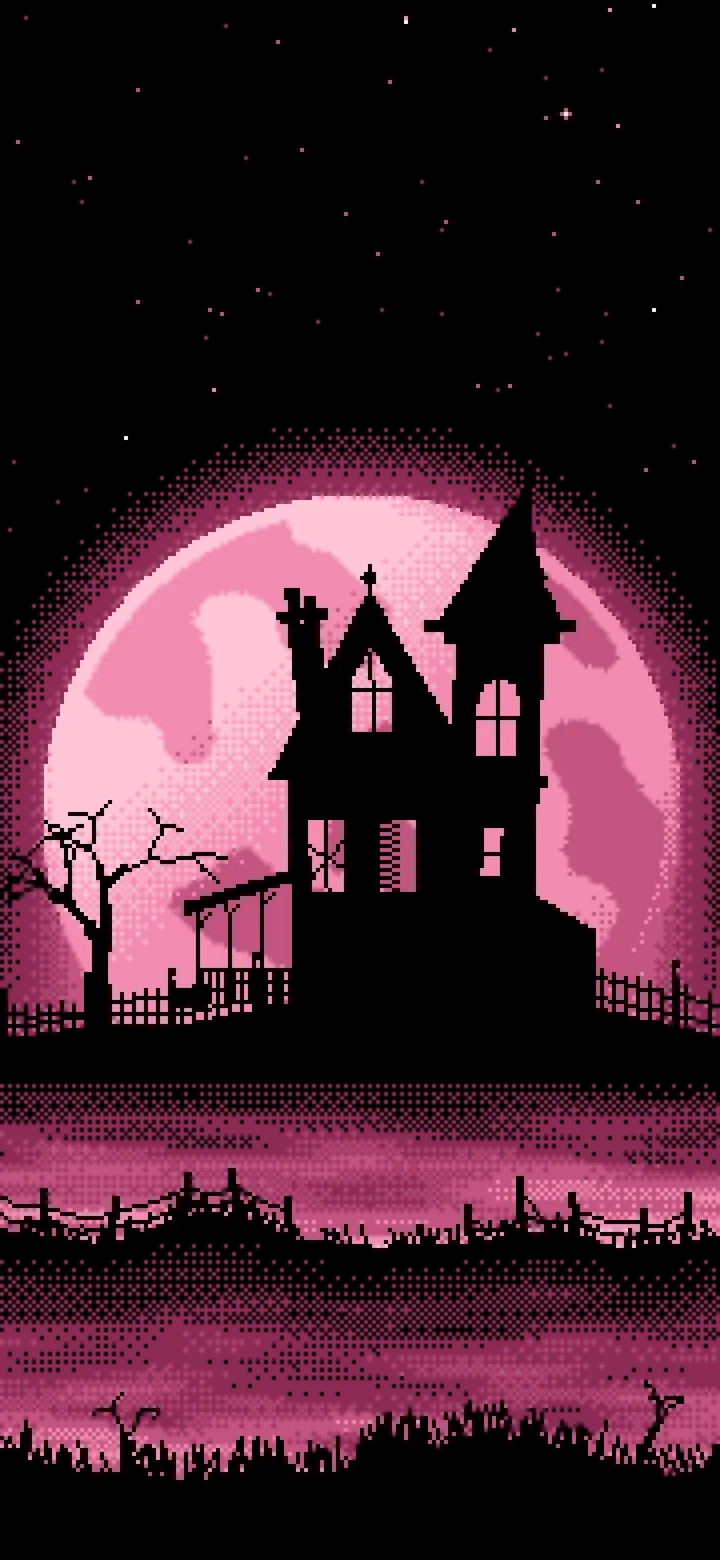 Pink Pixel Art Haunted House and Full Moon wallpaper for iPhone and Android