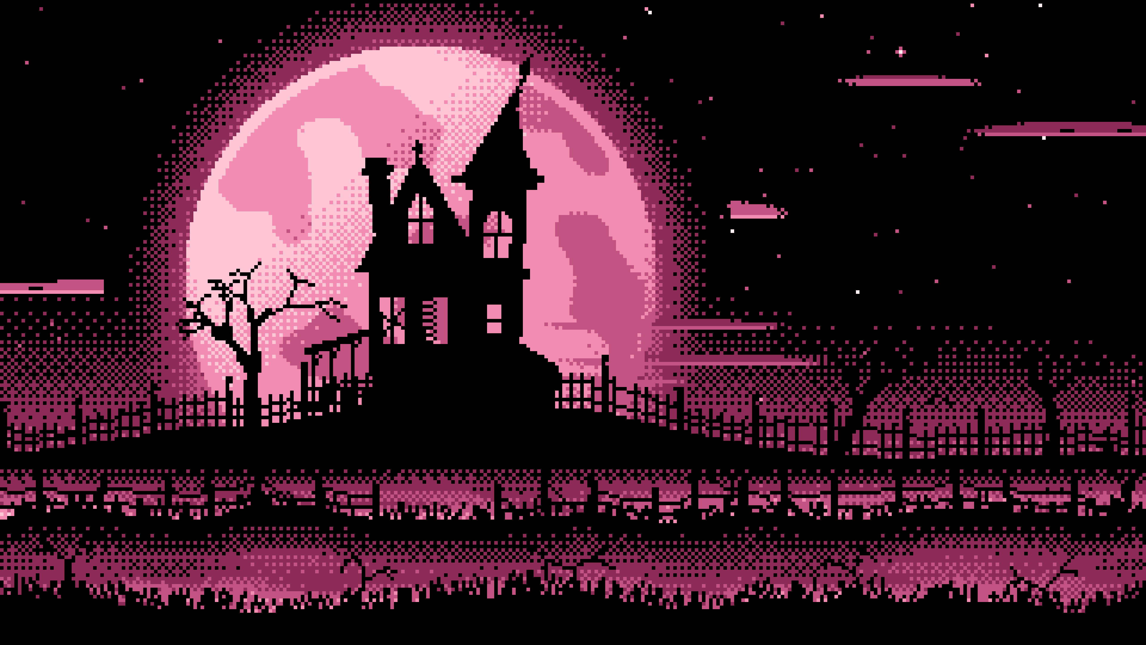Pink Pixel Art Haunted House and Full Moon desktop wallpaper in 4K