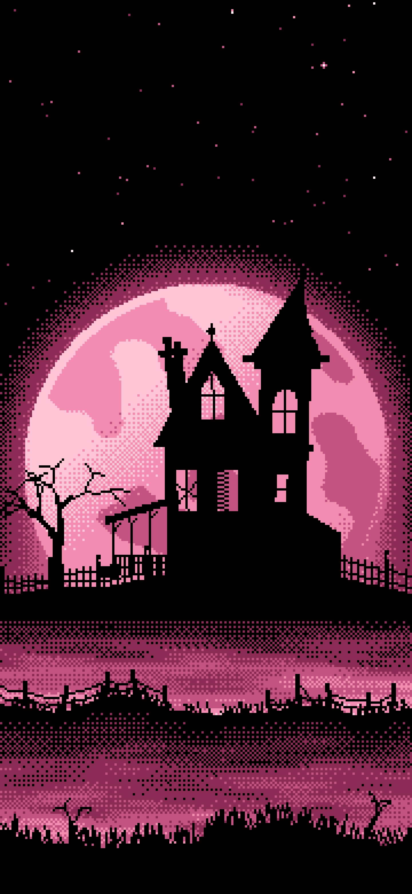 Pink Pixel Art Haunted House and Full Moon wallpaper for iPhone and Android