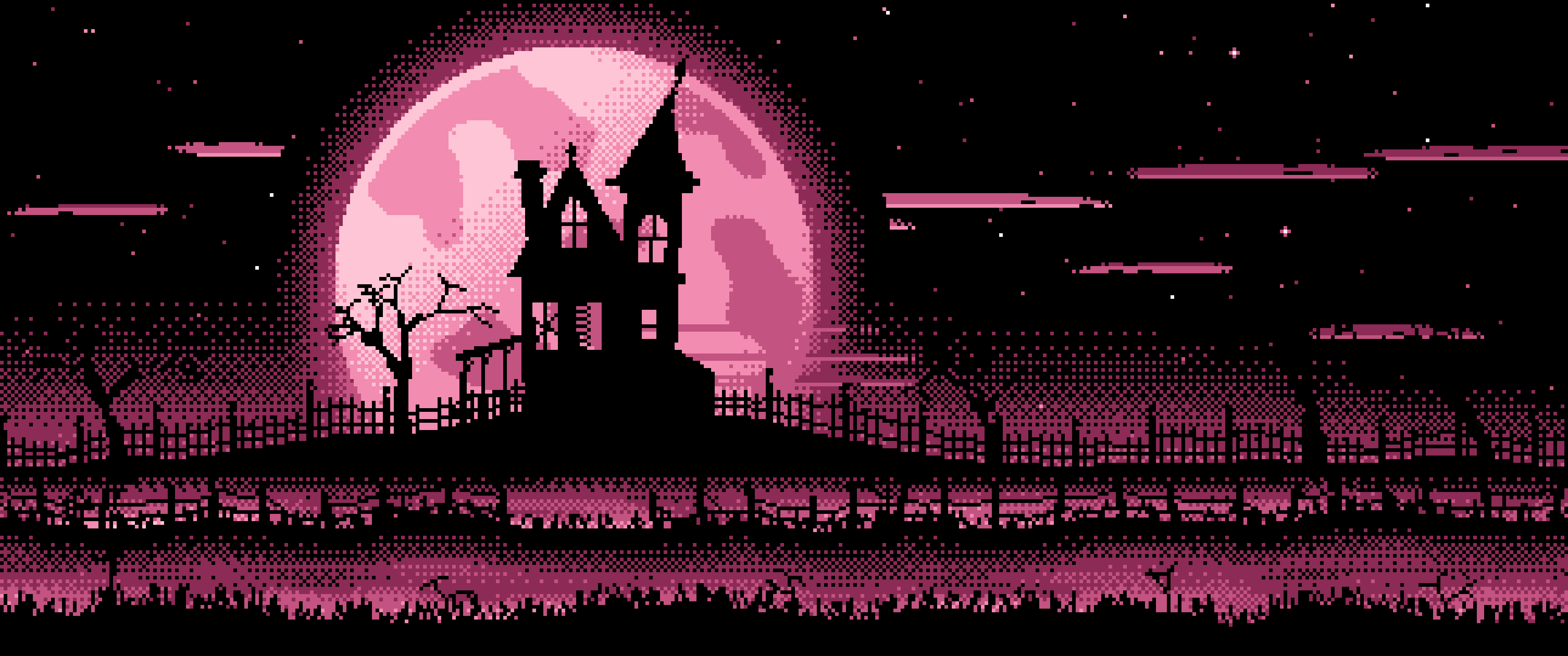 Pink Pixel Art Haunted House and Full Moon ultrawide wallpaper, 3440 × 1440