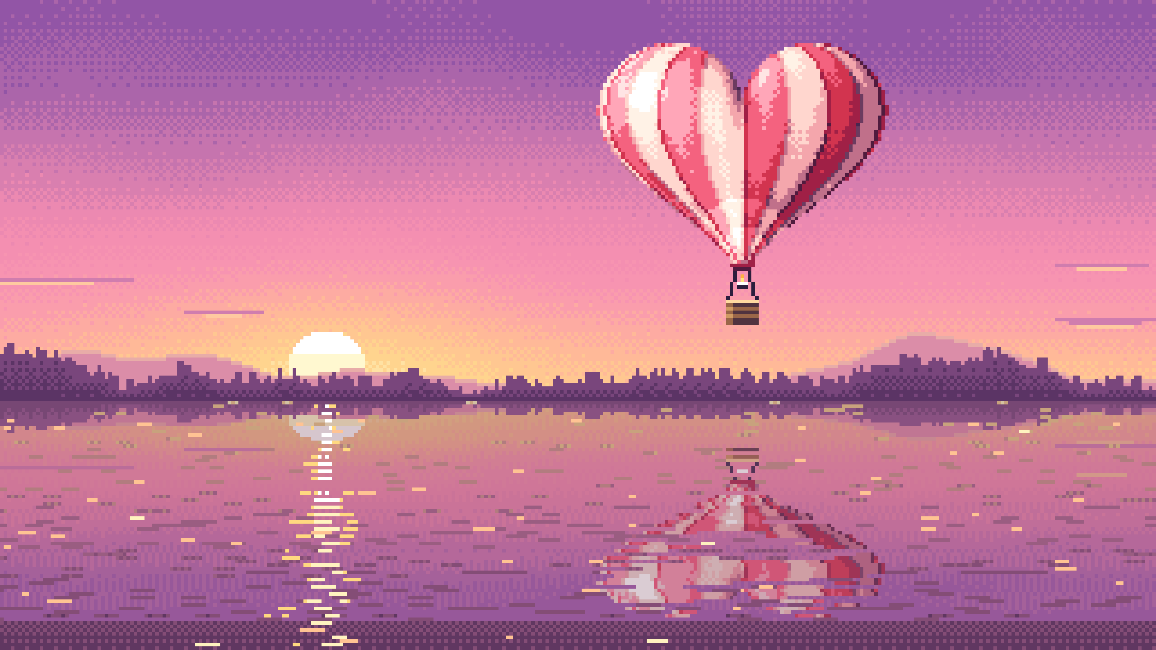 Pink Pixel Art Heart Hot Air Balloon Over a Lake at Sunset desktop wallpaper in 4K