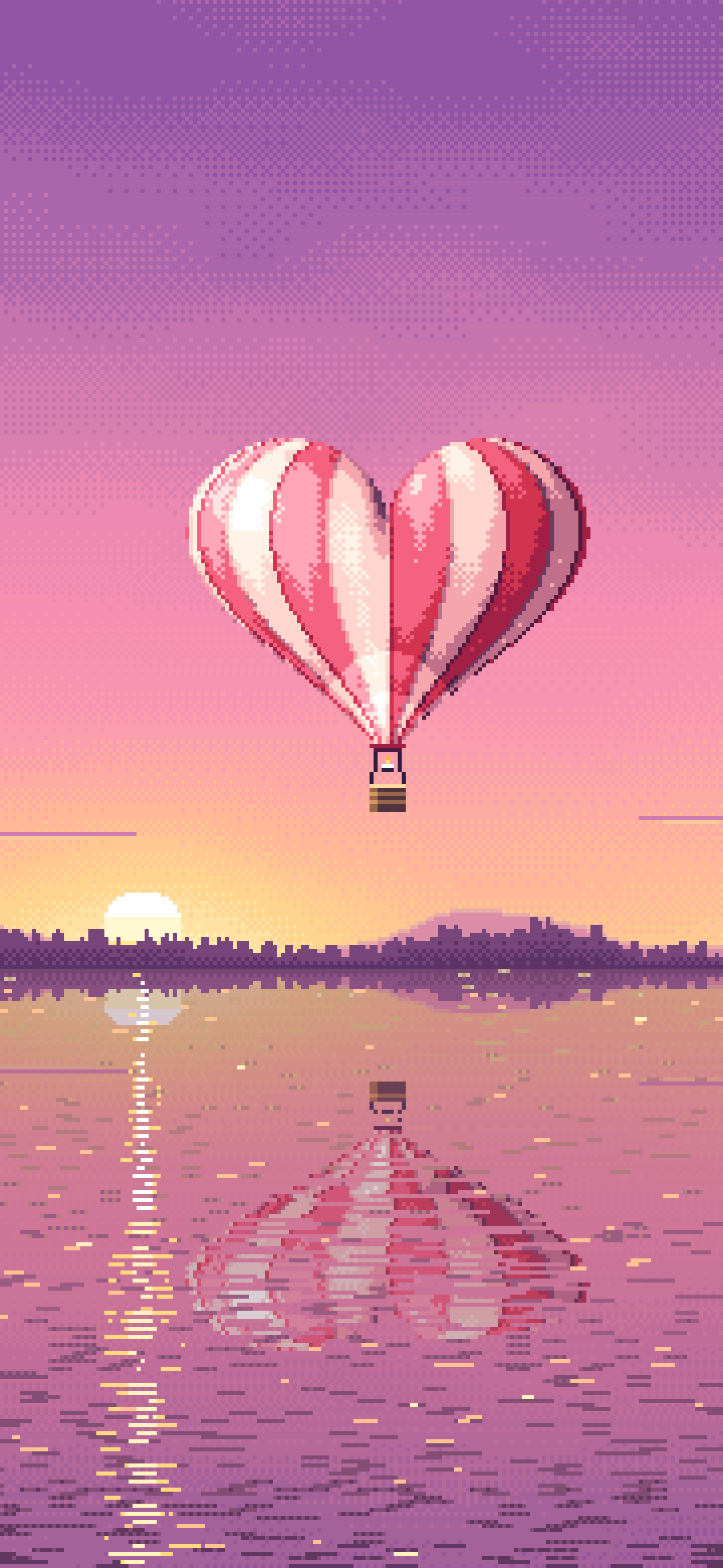 Pink Pixel Art Heart Hot Air Balloon Over a Lake at Sunset wallpaper for iPhone and Android