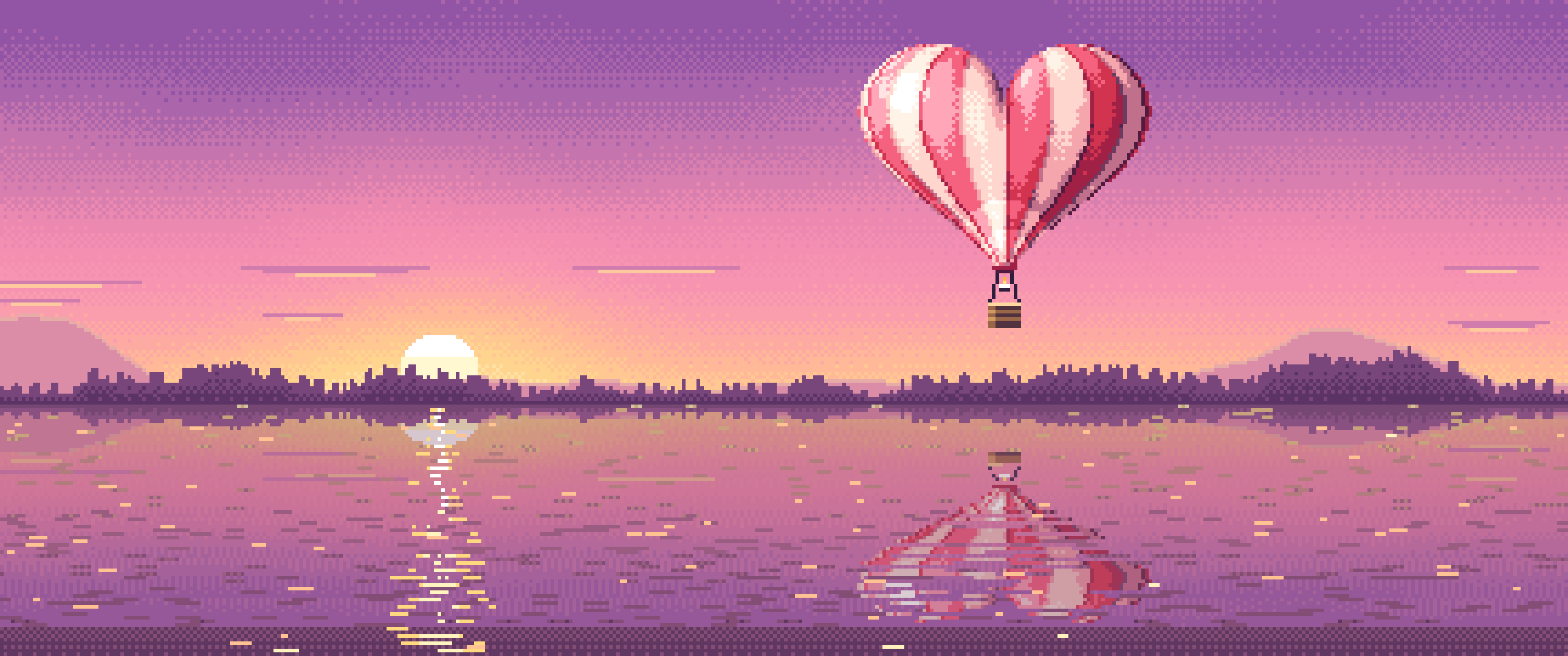 Pink Pixel Art Heart Hot Air Balloon Over a Lake at Sunset ultrawide wallpaper, 3440 × 1440