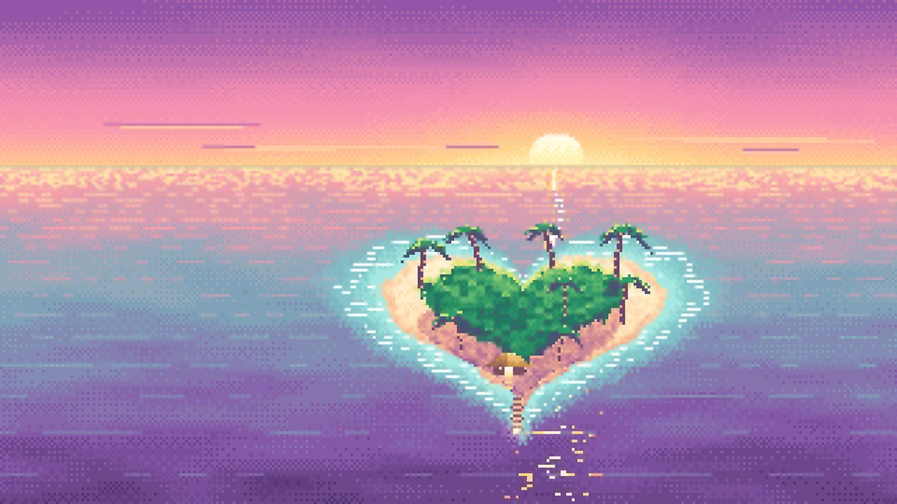 Pink Pixel Art Heart Island at Sunset desktop wallpaper in 4K