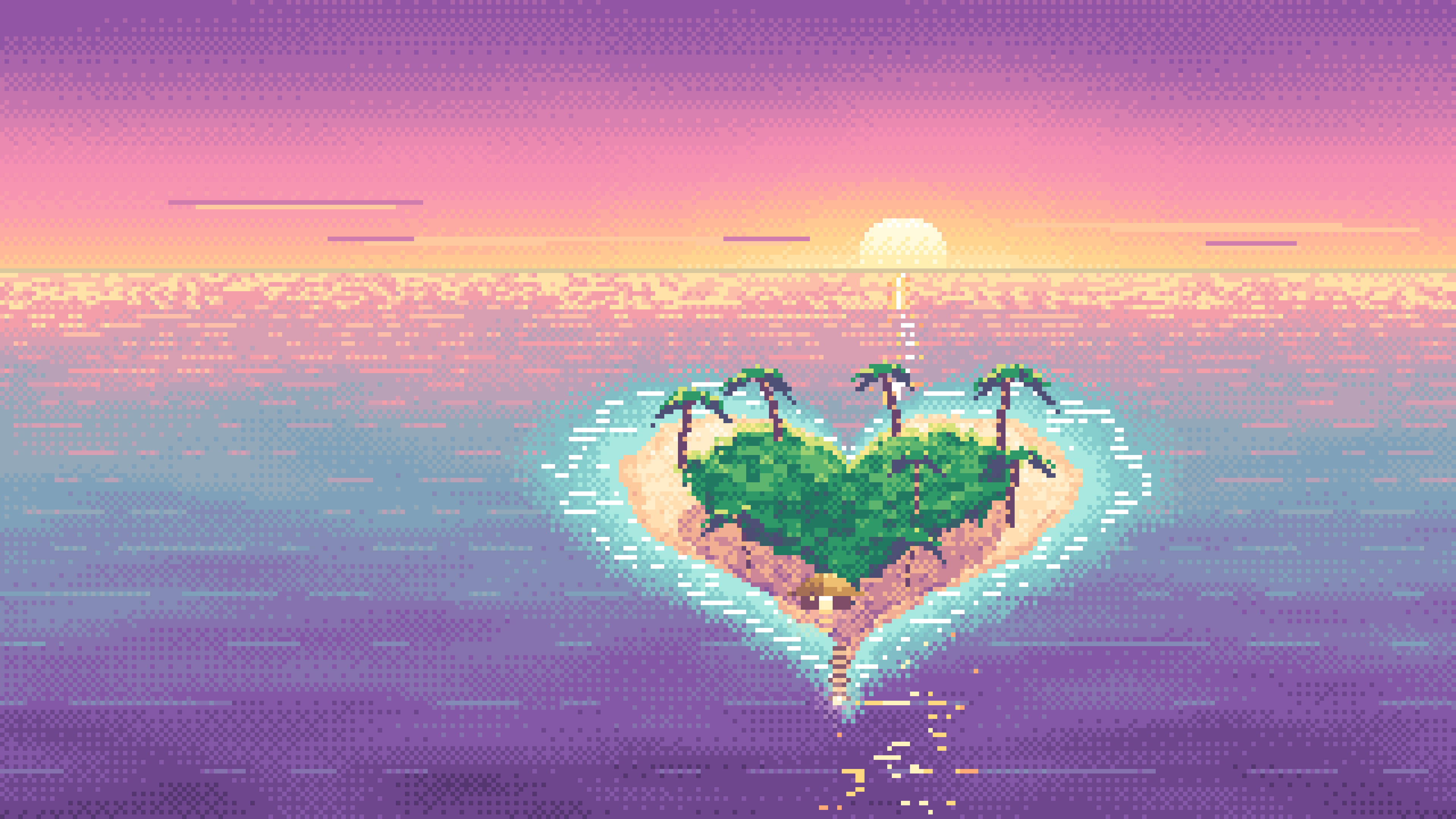 Pink Pixel Art Heart Island at Sunset desktop wallpaper in 4K