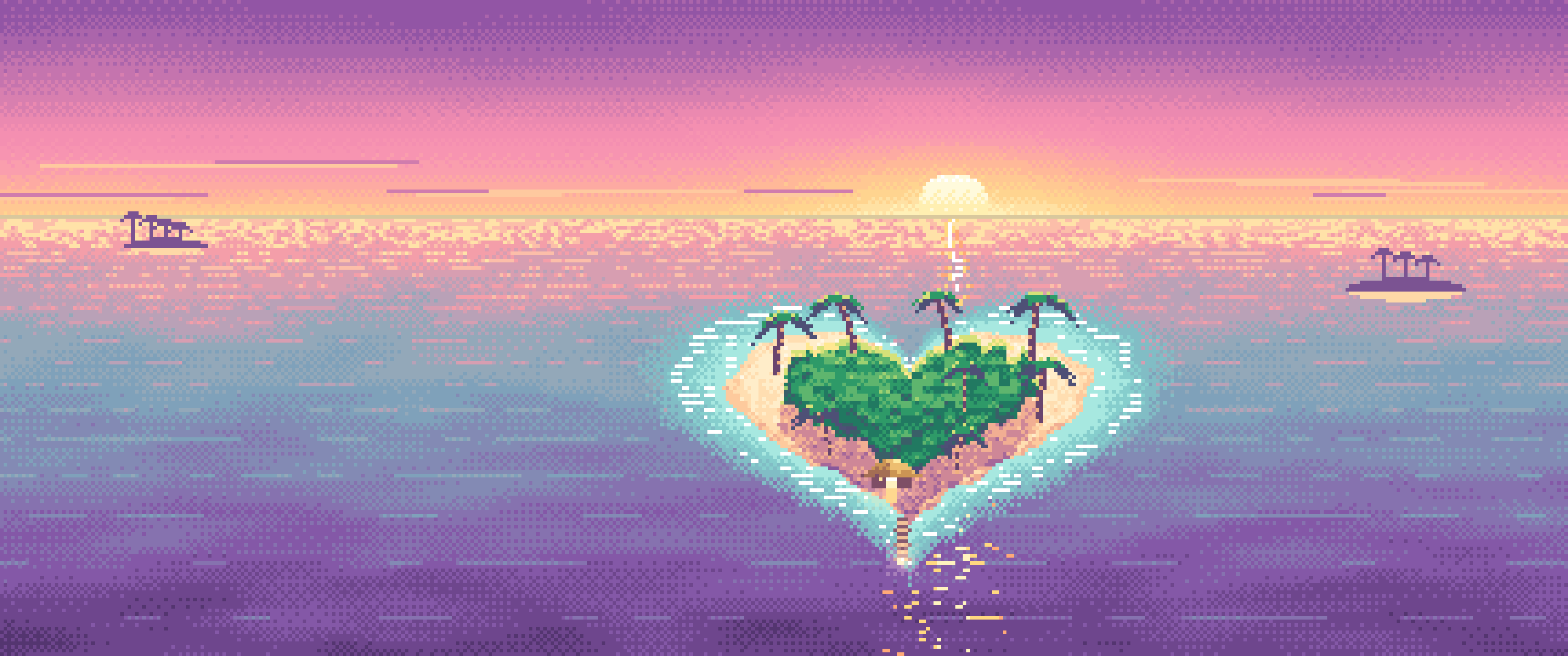 Pink Pixel Art Heart Island at Sunset ultrawide wallpaper, 3440 × 1440