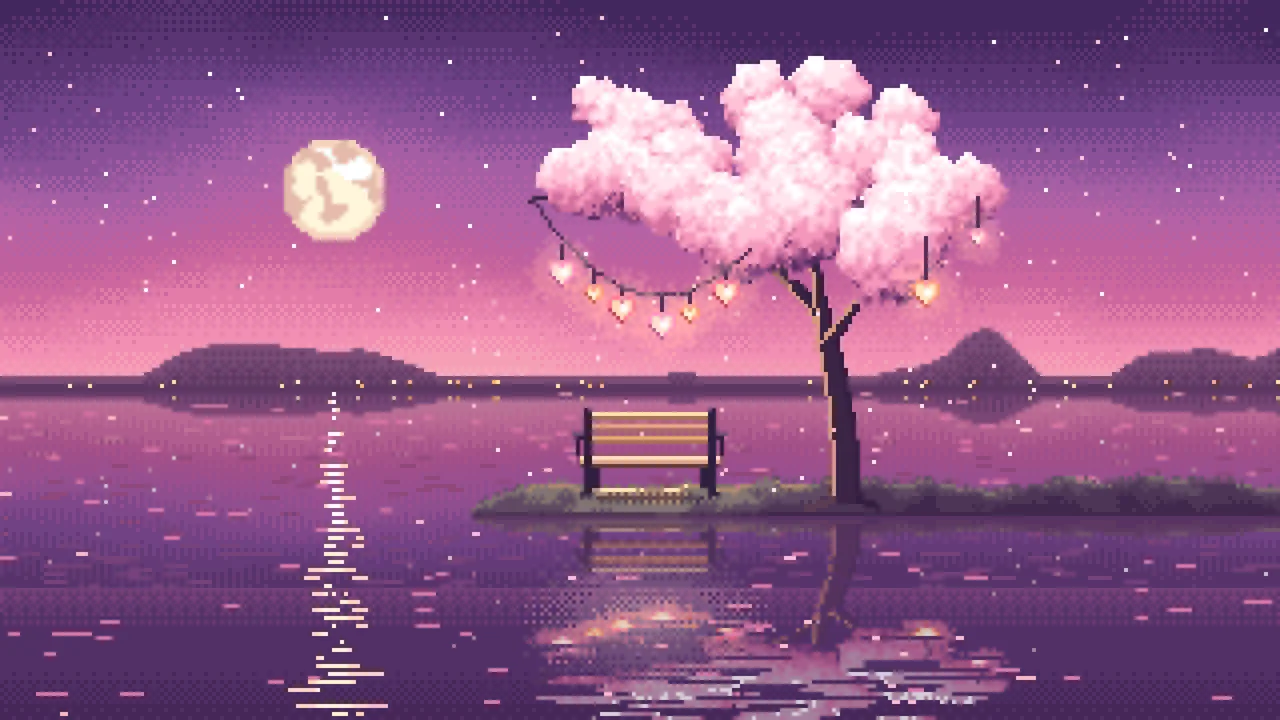 Pink Pixel Art Heart Lanterns in a Blossom Tree by a Lake desktop wallpaper in 4K