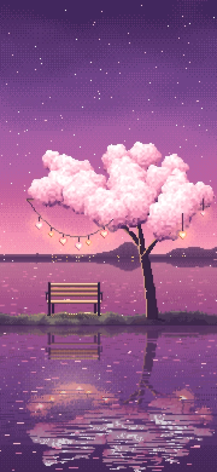 Pink Pixel Art Heart Lanterns in a Blossom Tree by a Lake wallpaper for iPhone and Android
