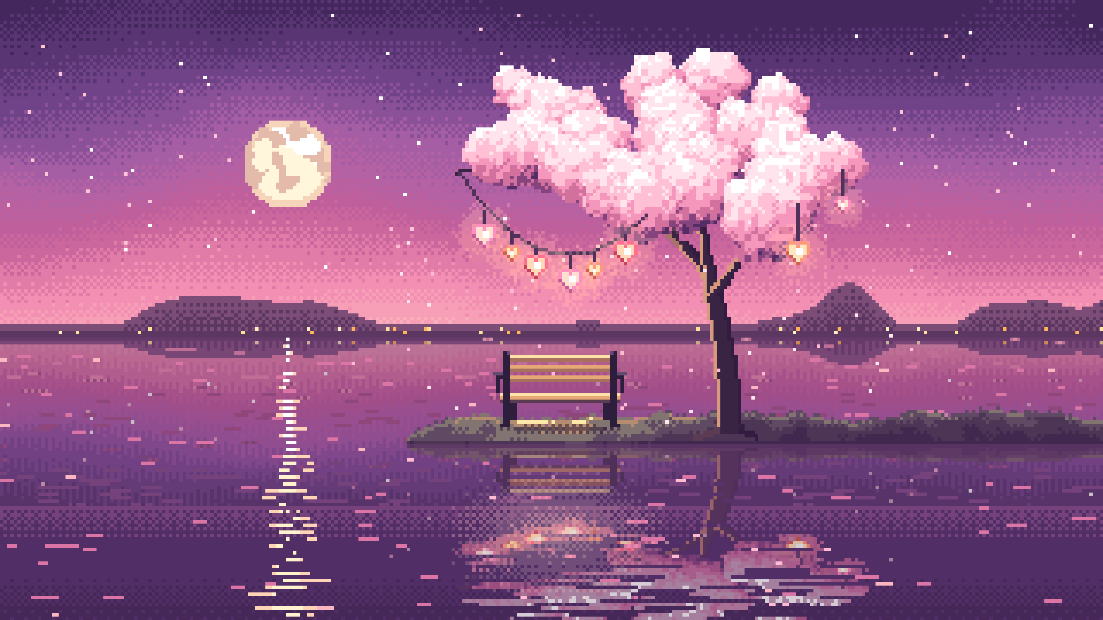 Pink Pixel Art Heart Lanterns in a Blossom Tree by a Lake desktop wallpaper in 4K