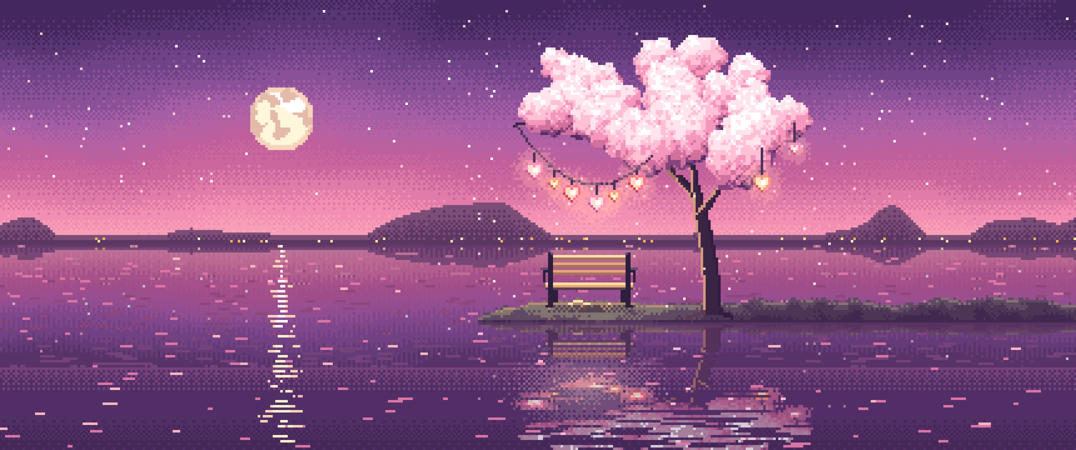 Pink Pixel Art Heart Lanterns in a Blossom Tree by a Lake ultrawide wallpaper, 3440 × 1440