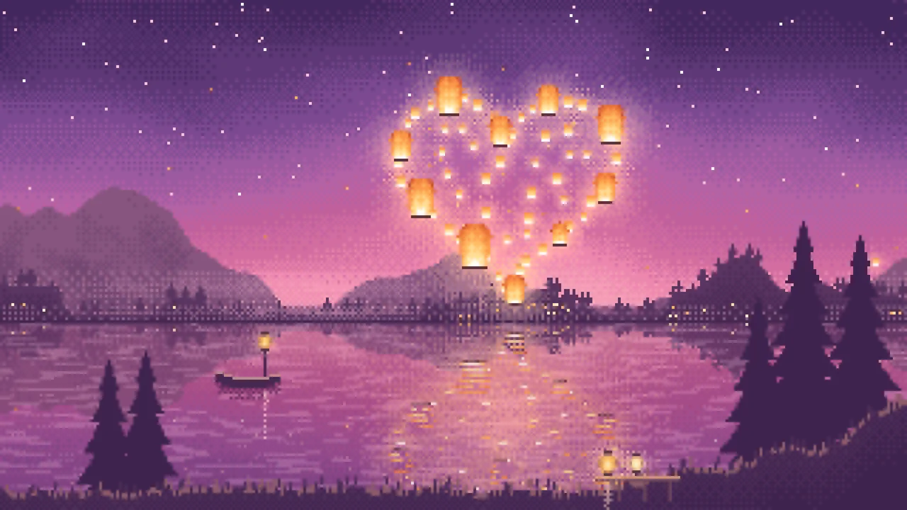 Pink Pixel Art Heart of Sky Lanterns Over a Lake desktop wallpaper in 4K