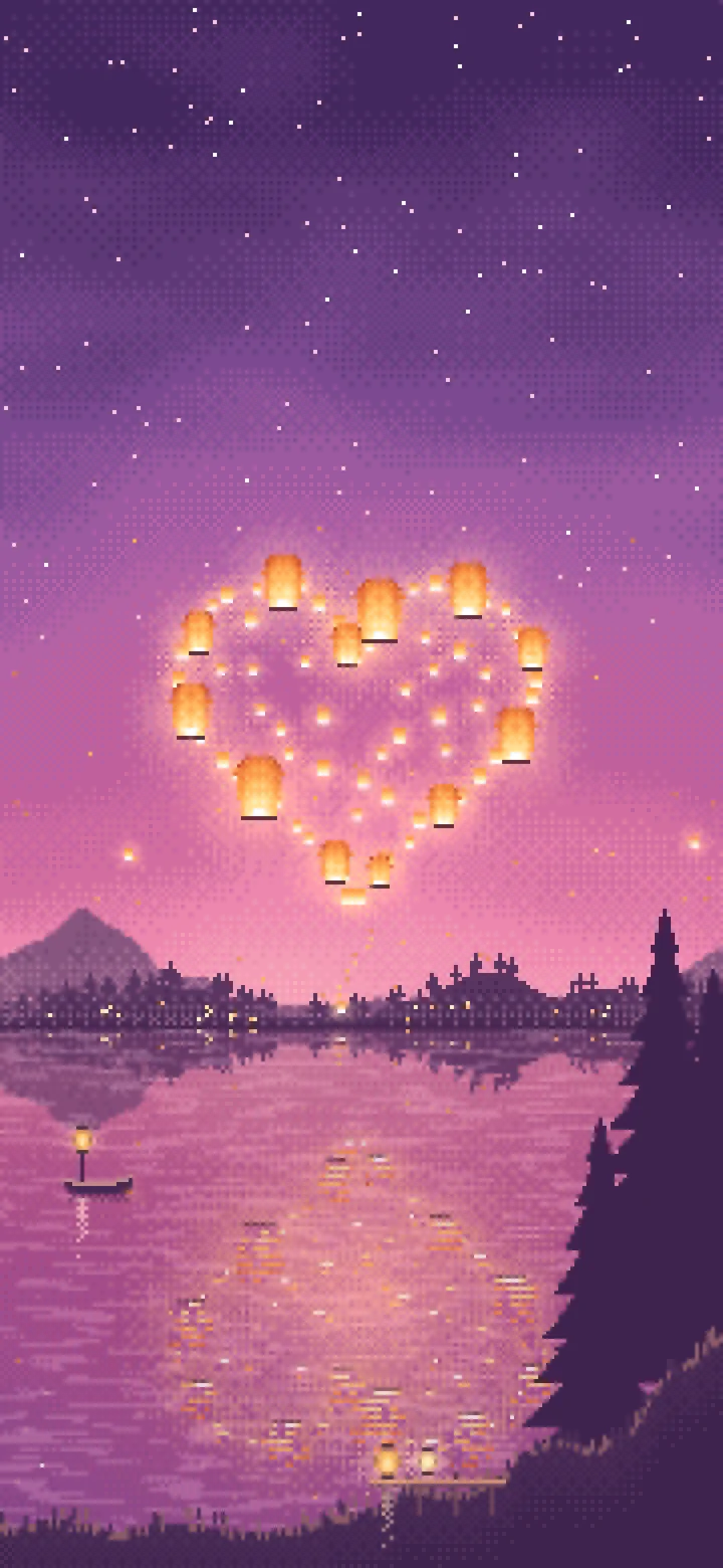 Pink Pixel Art Heart of Sky Lanterns Over a Lake wallpaper for iPhone and Android