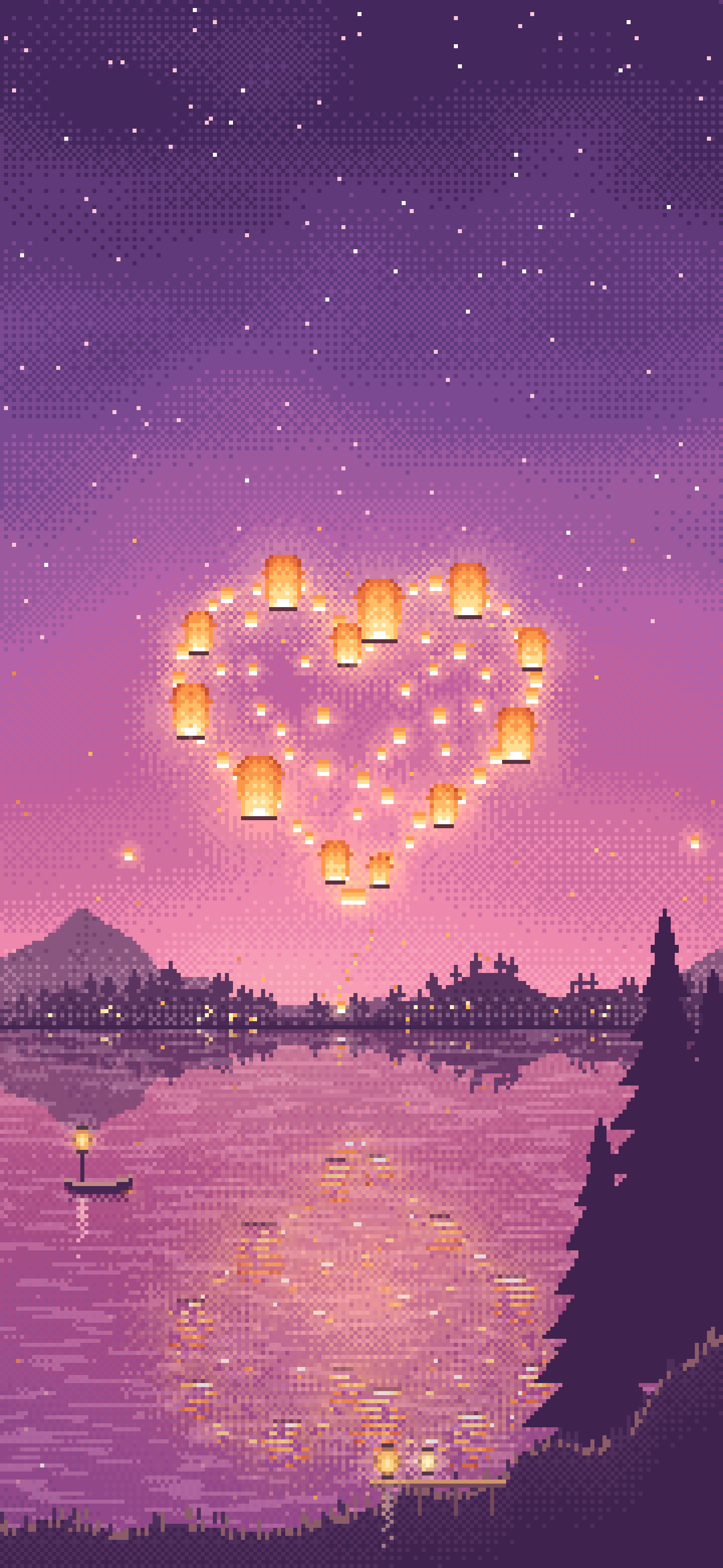 Pink Pixel Art Heart of Sky Lanterns Over a Lake wallpaper for iPhone and Android
